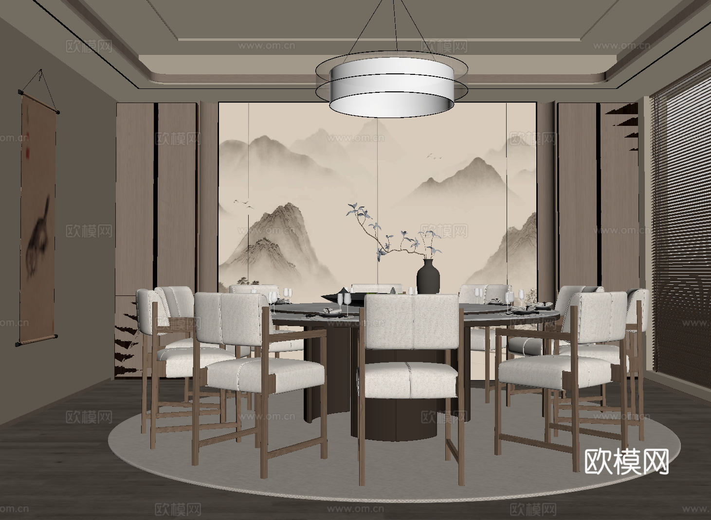 新中式包厢 包间 餐桌椅su模型