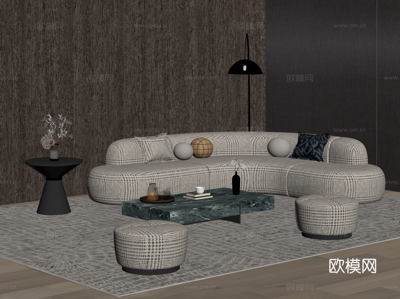 现代意式沙发 沙发茶几组合su模型