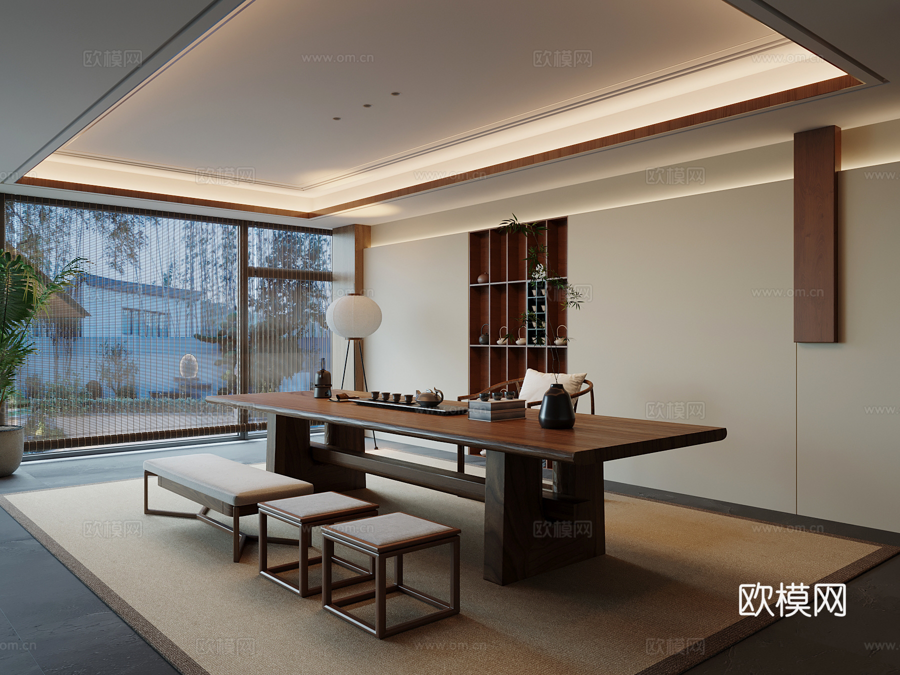 新中式茶室 茶桌椅 茶台su模型