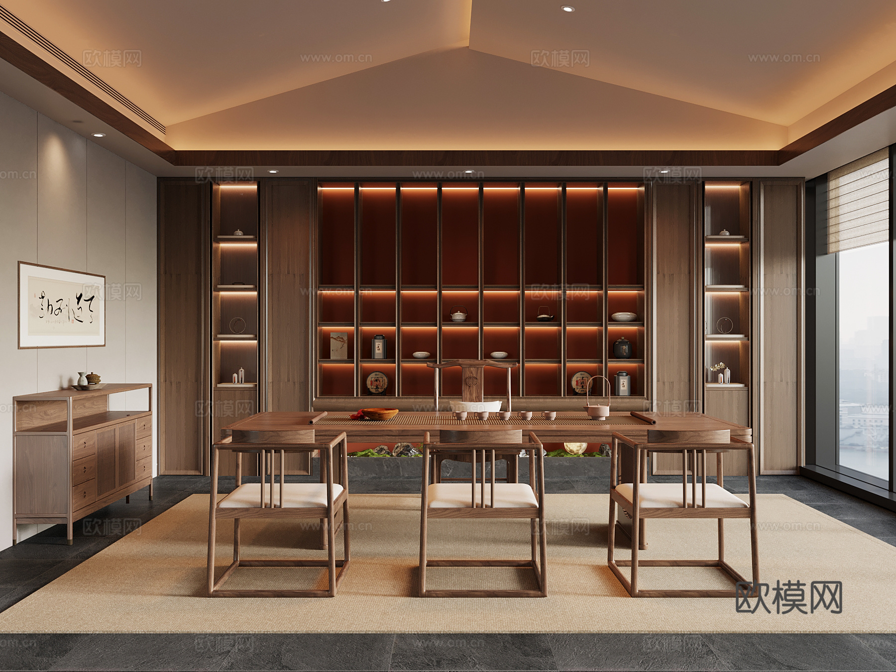 新中式茶室 茶叶柜 茶台su模型