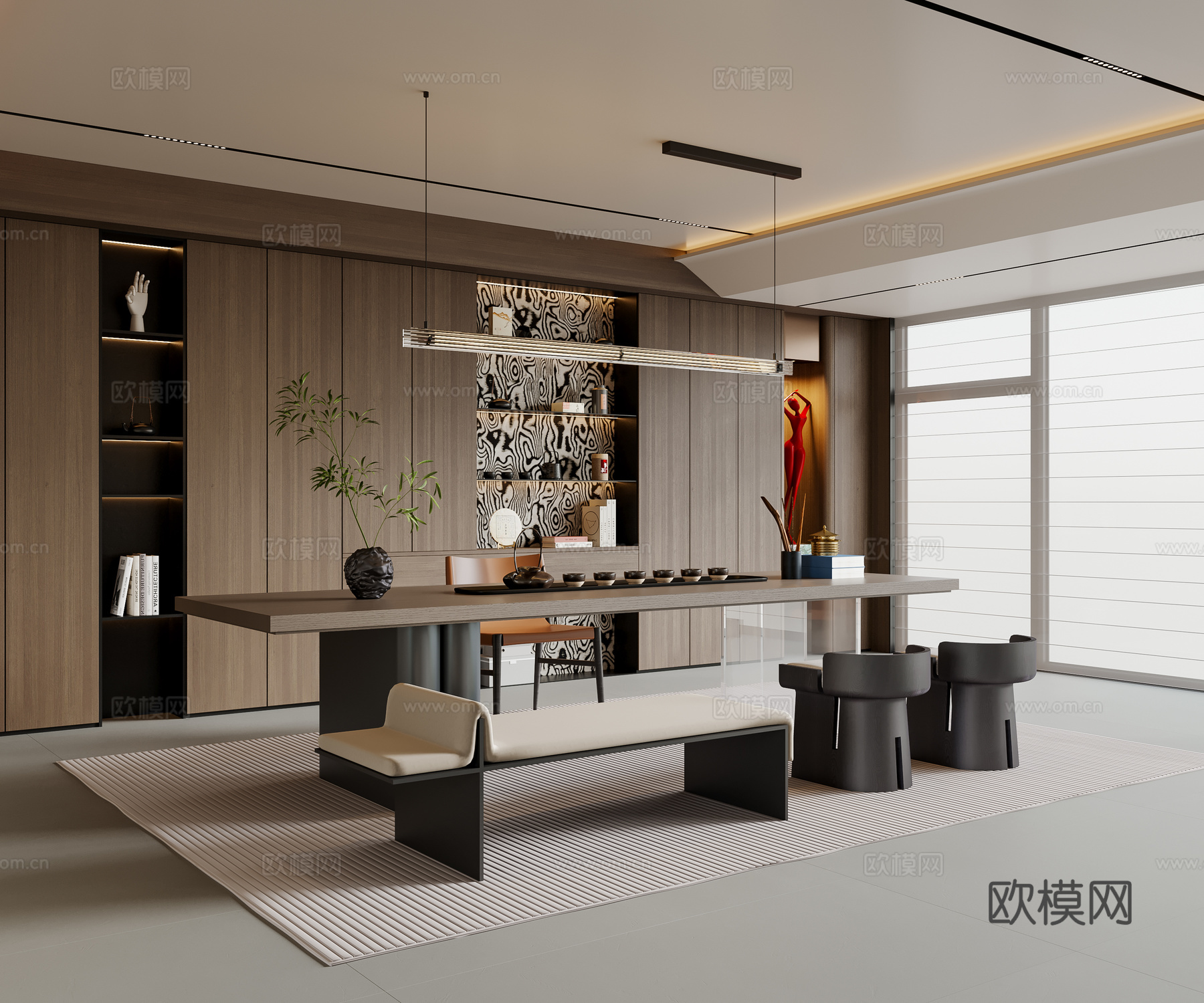 现代意式茶室 茶桌椅 吊灯 茶柜 装饰柜 地毯3d模型下载