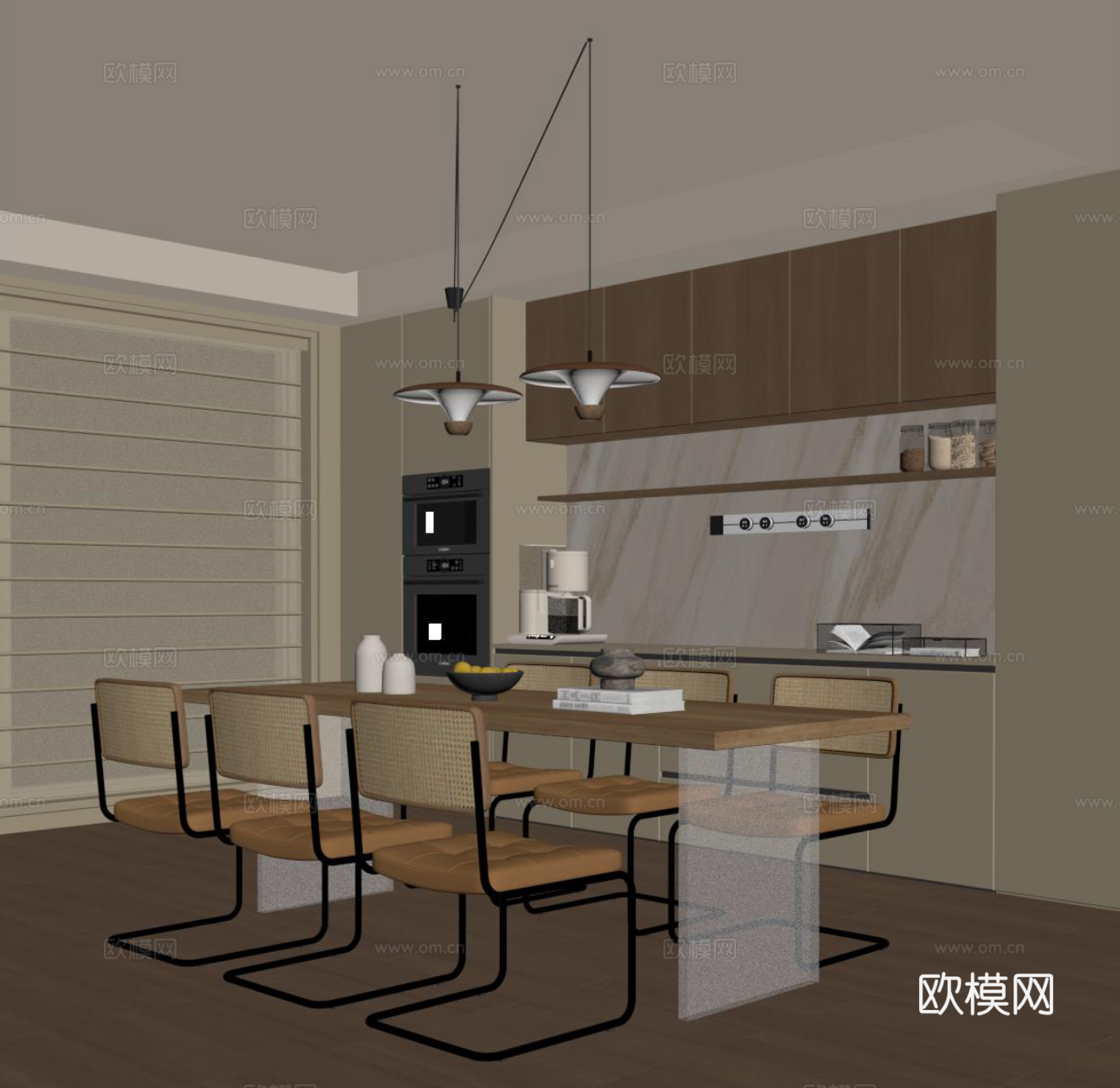 现代餐厅 餐桌椅 酒柜su模型