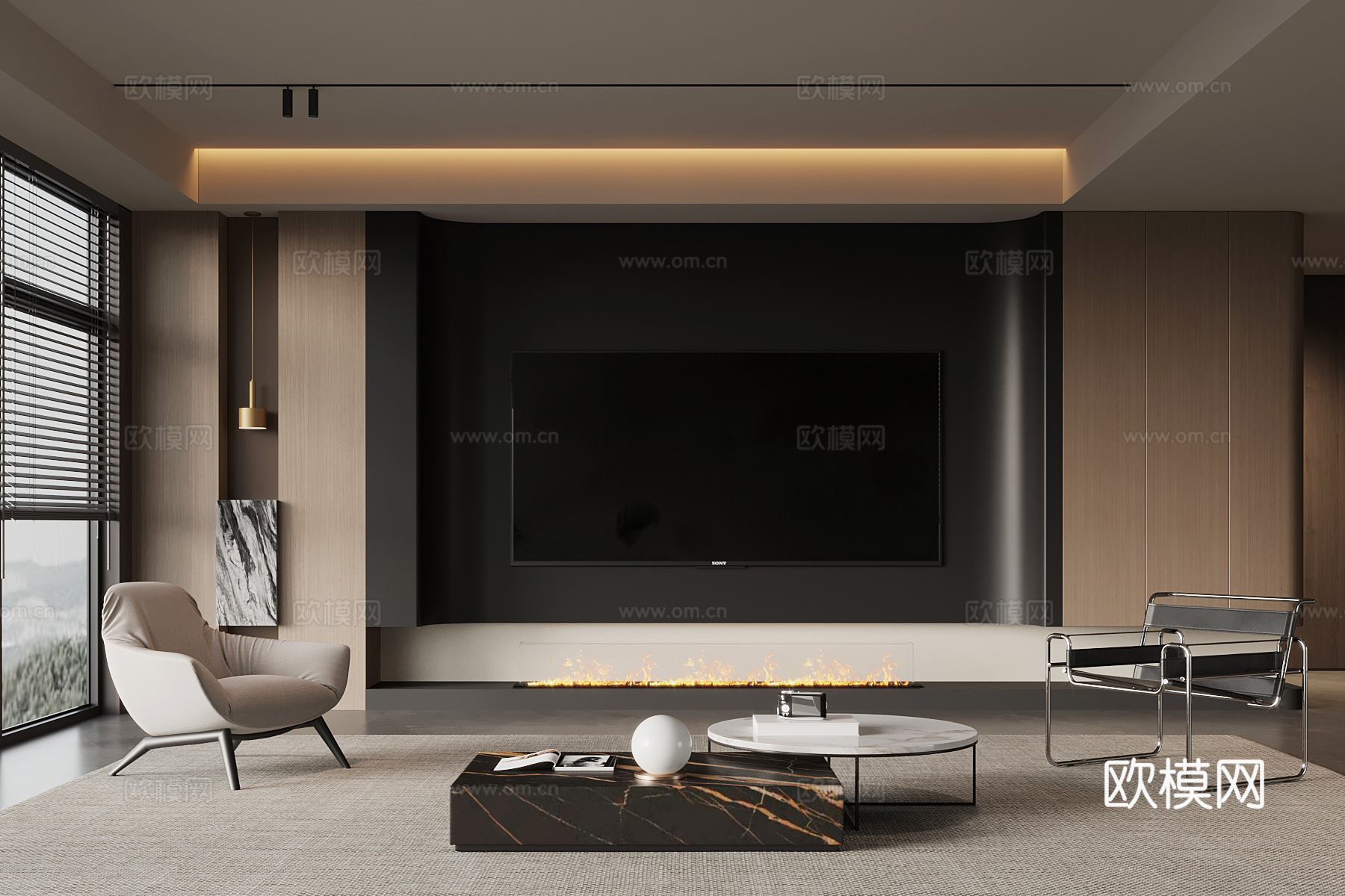 现代意式客厅 电视背景墙 沙发茶几组合su模型