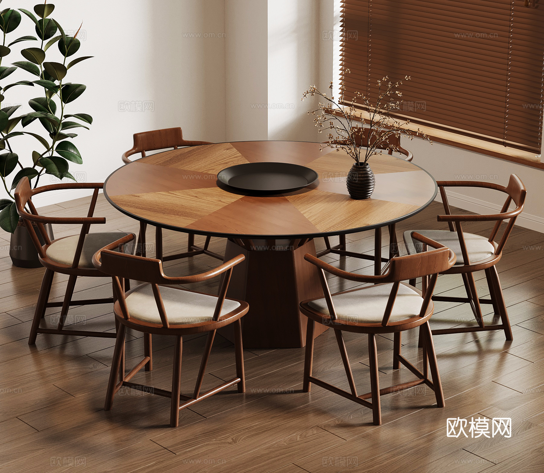 中古风餐桌椅 圆形餐桌su模型