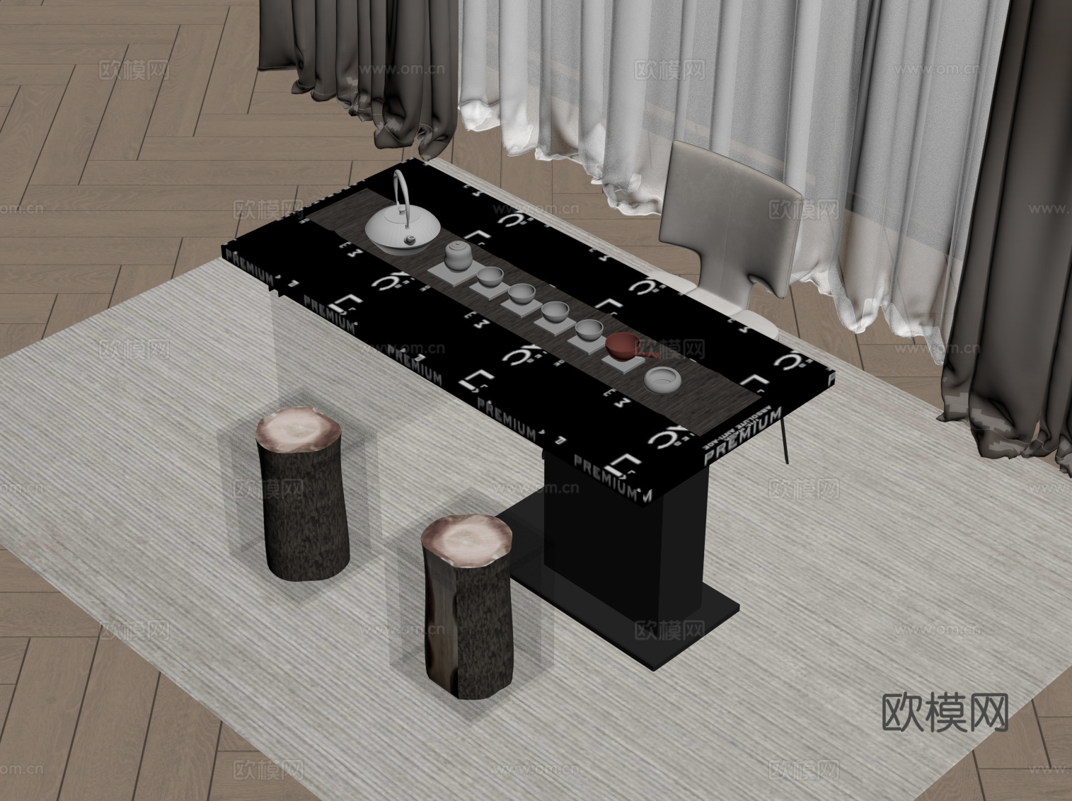 现代意式茶桌椅 小茶台su模型