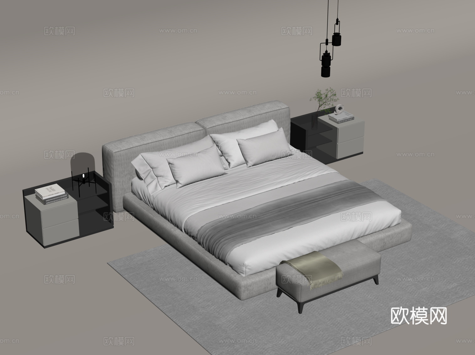 现代简约双人床 床头柜 吊灯su模型