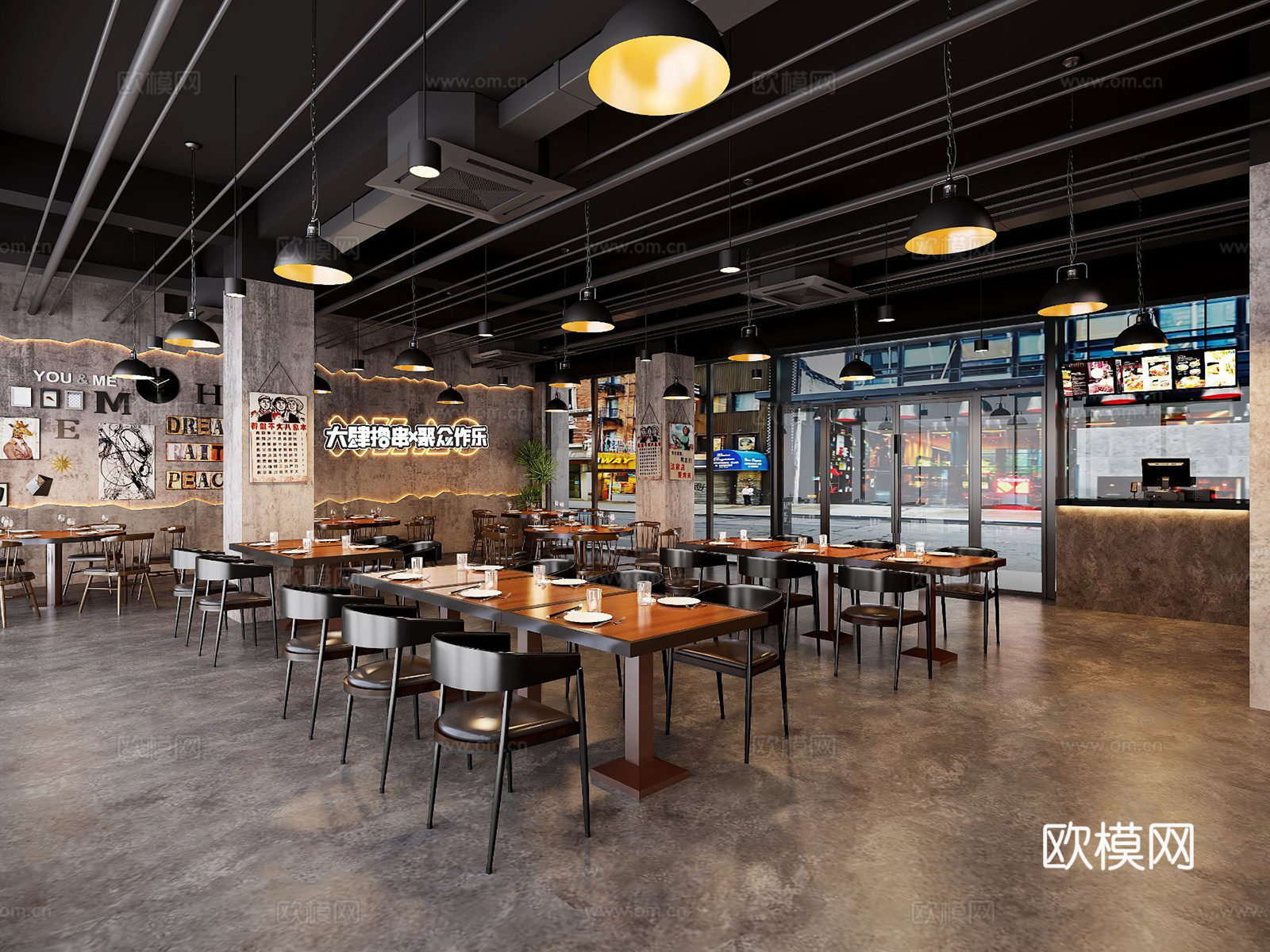 工业复古火锅店 工业风餐厅 工业风咖啡店 工业风烧烤店su模型