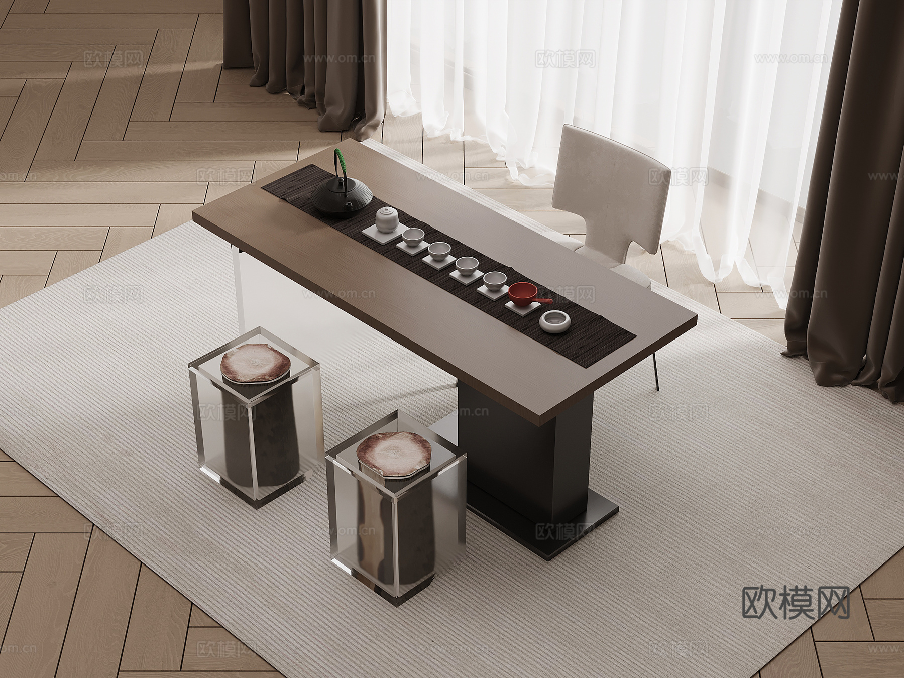 现代意式茶桌椅 小茶台su模型