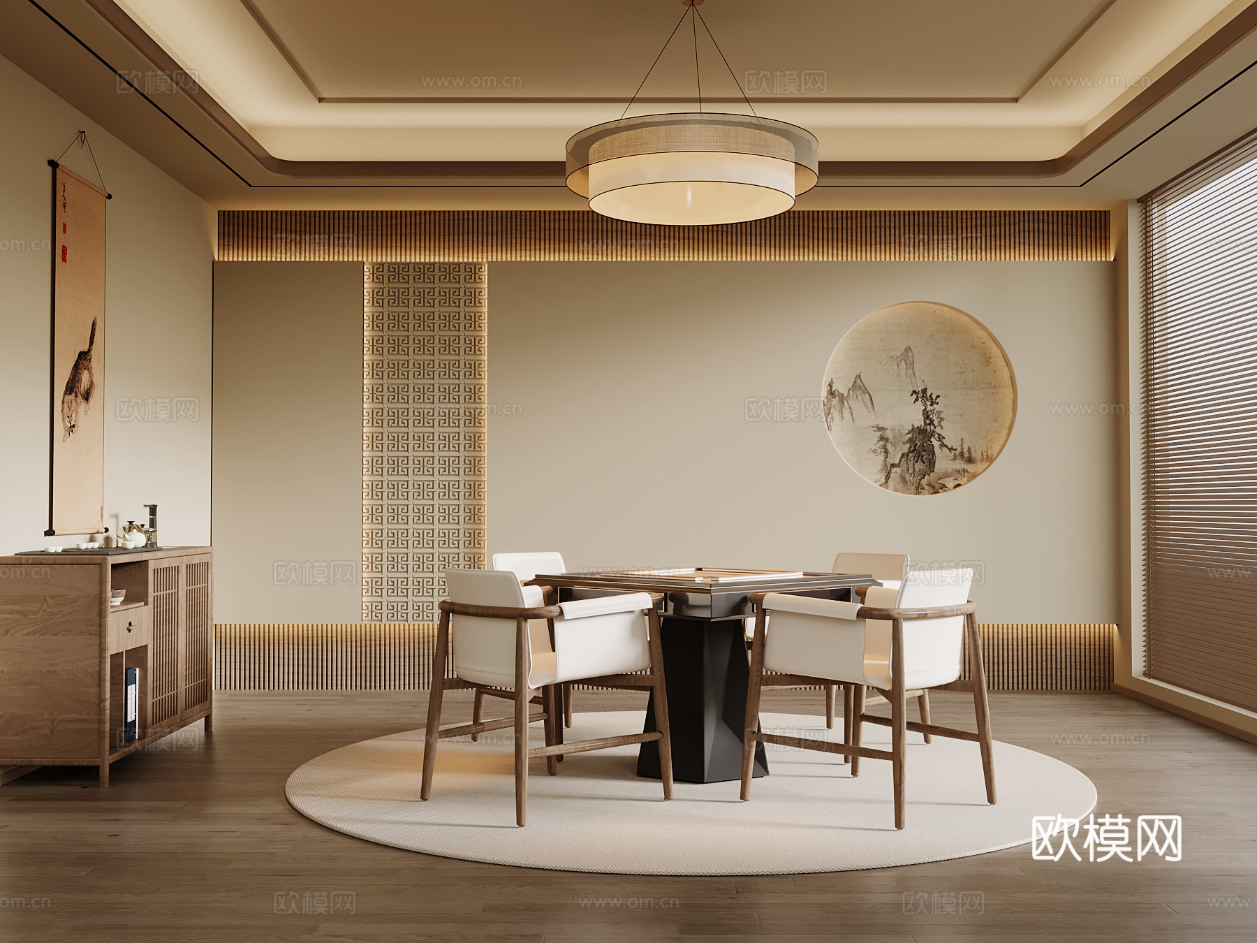 新中式棋牌室 麻将桌 棋牌桌su模型