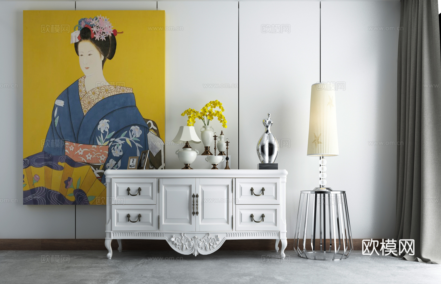 美式简欧电视柜3d模型下载（渲染图1）