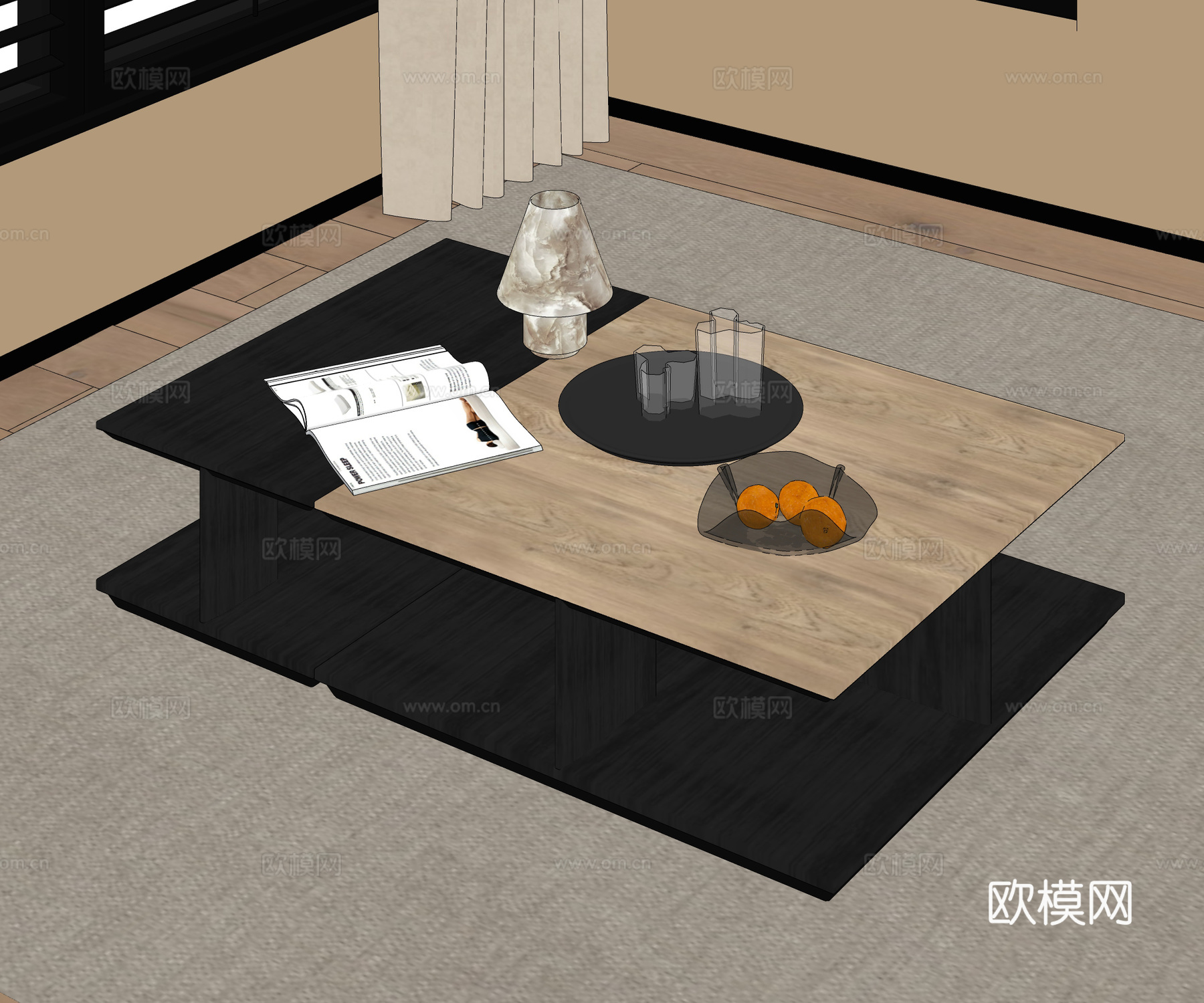 现代茶几 木质茶几 方形茶几 饰品摆件 台灯su模型