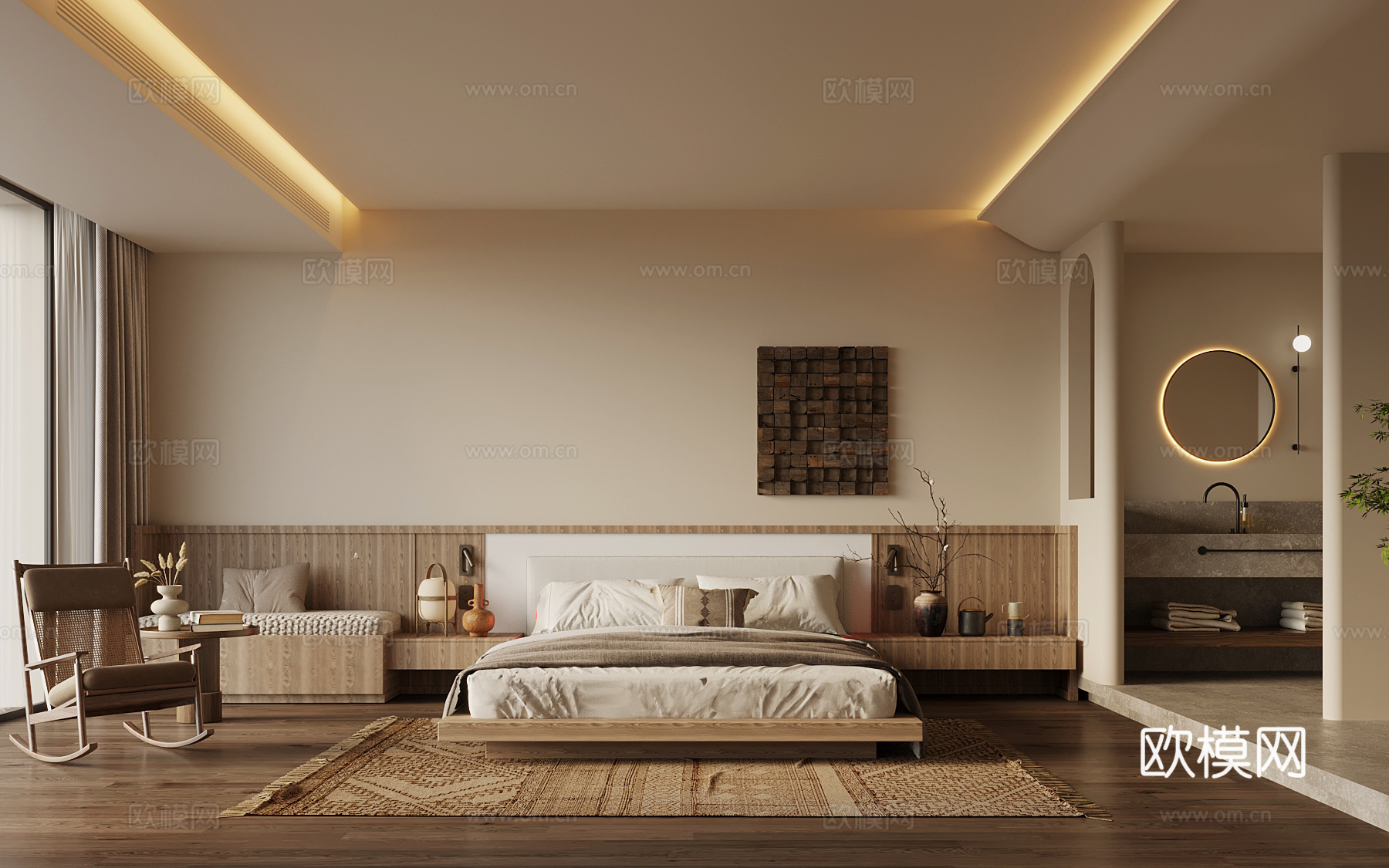 侘寂风客房 大床房 套房 双人床 卧室su模型