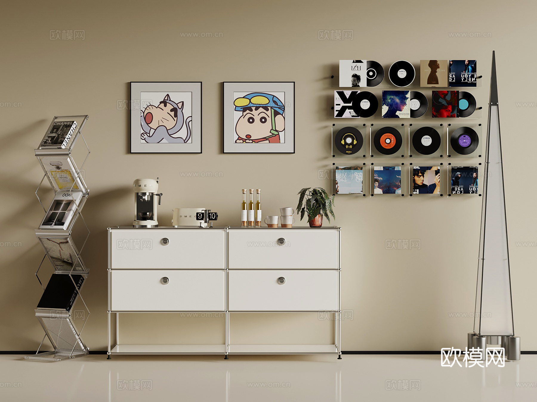 中古风边柜 落地灯 书架 黑胶唱片su模型