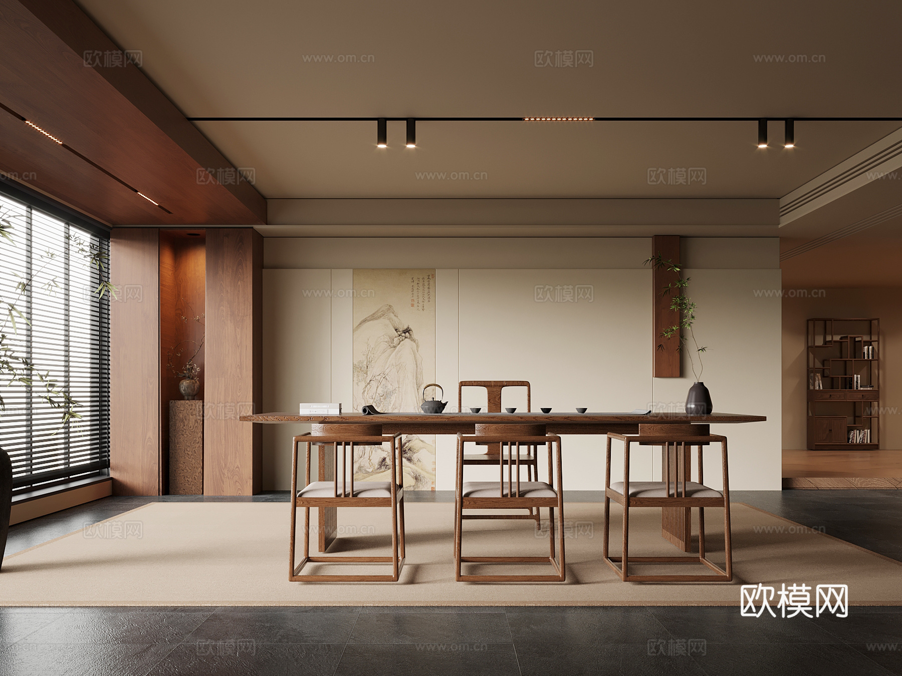 新中式茶室 茶桌椅 茶台su模型