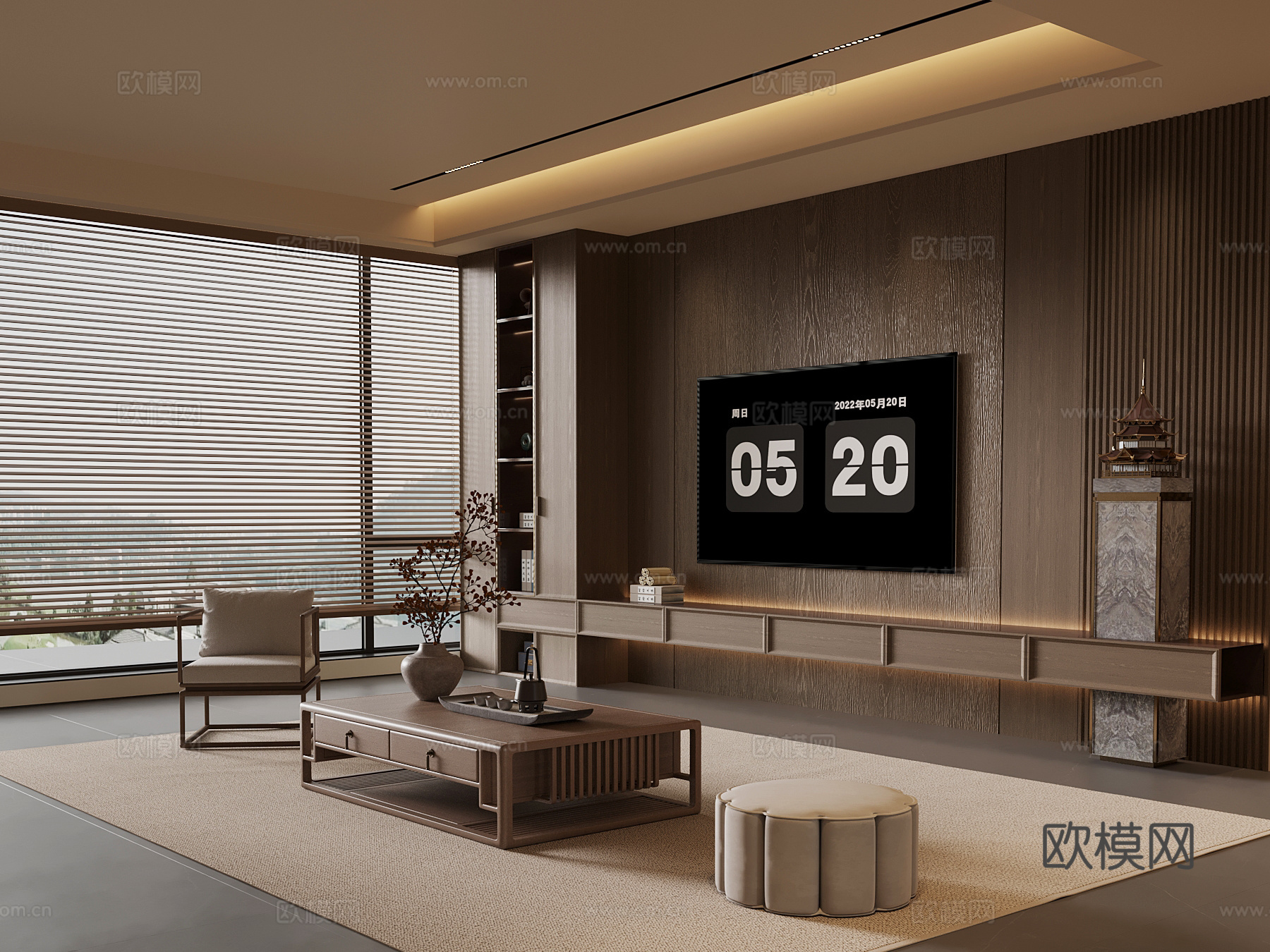 新中式客厅su模型