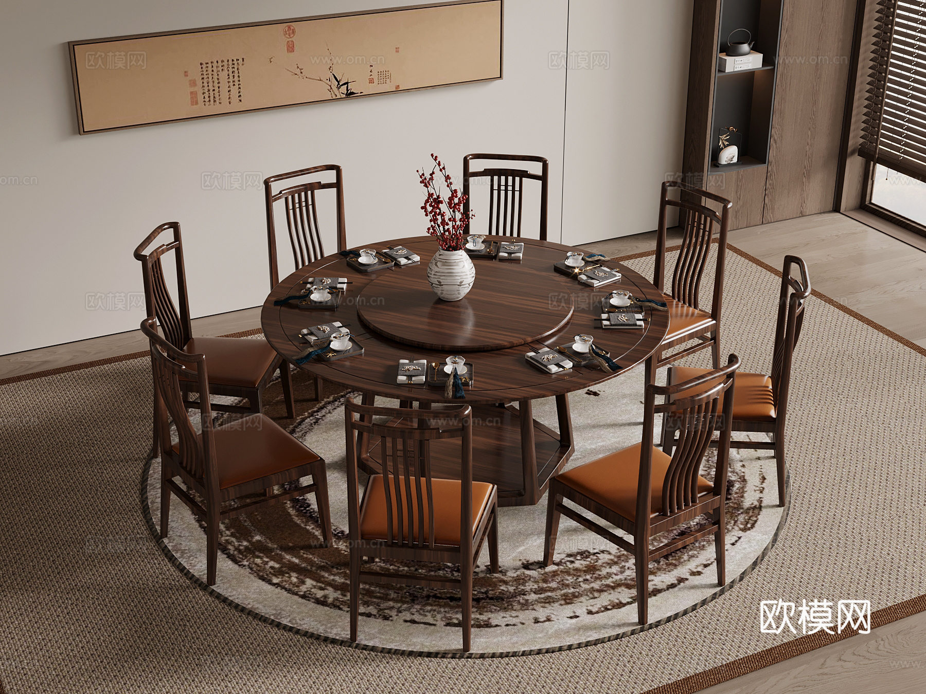 新中式餐桌椅su模型