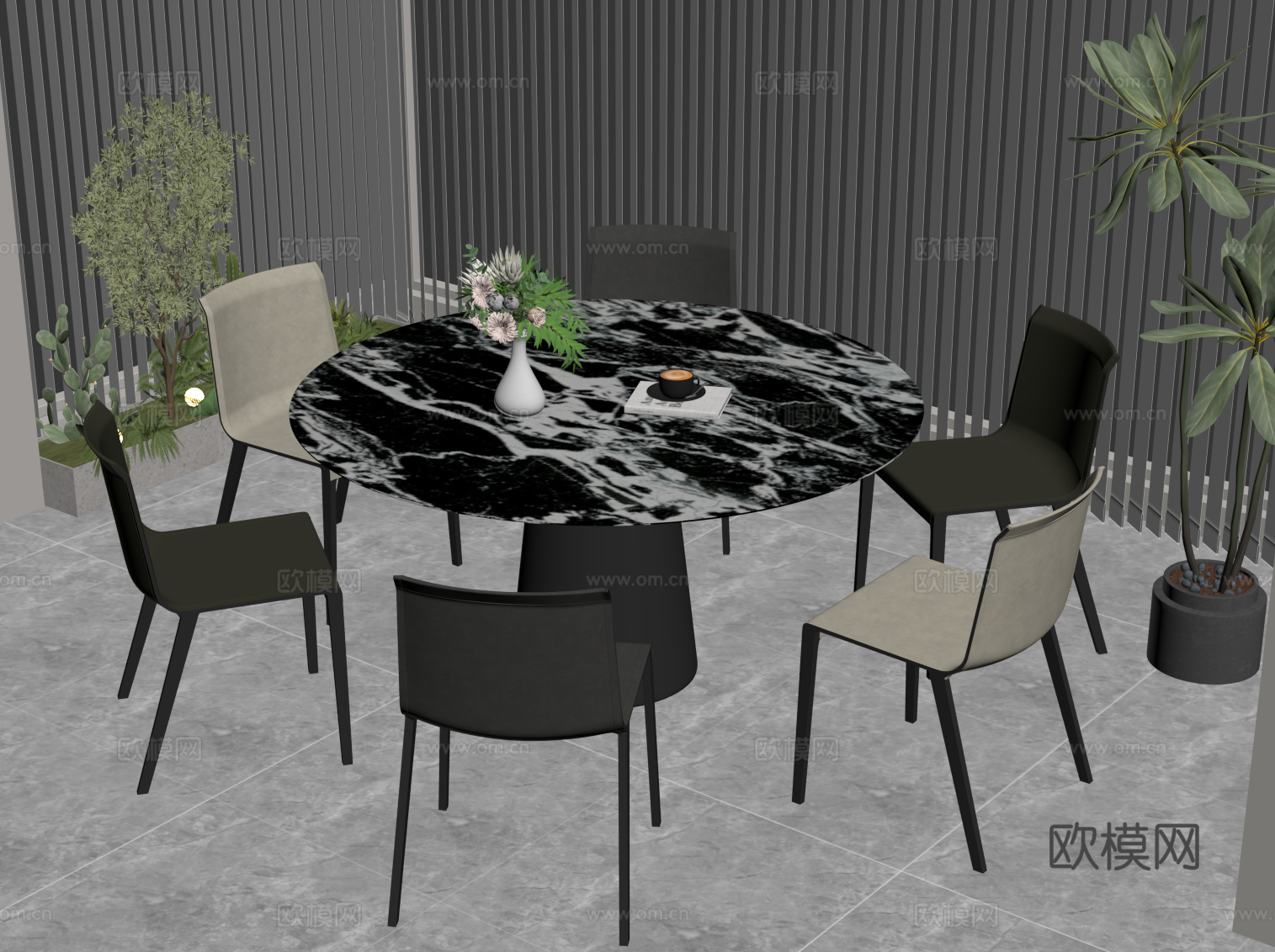 现代意式餐桌椅 圆桌su模型
