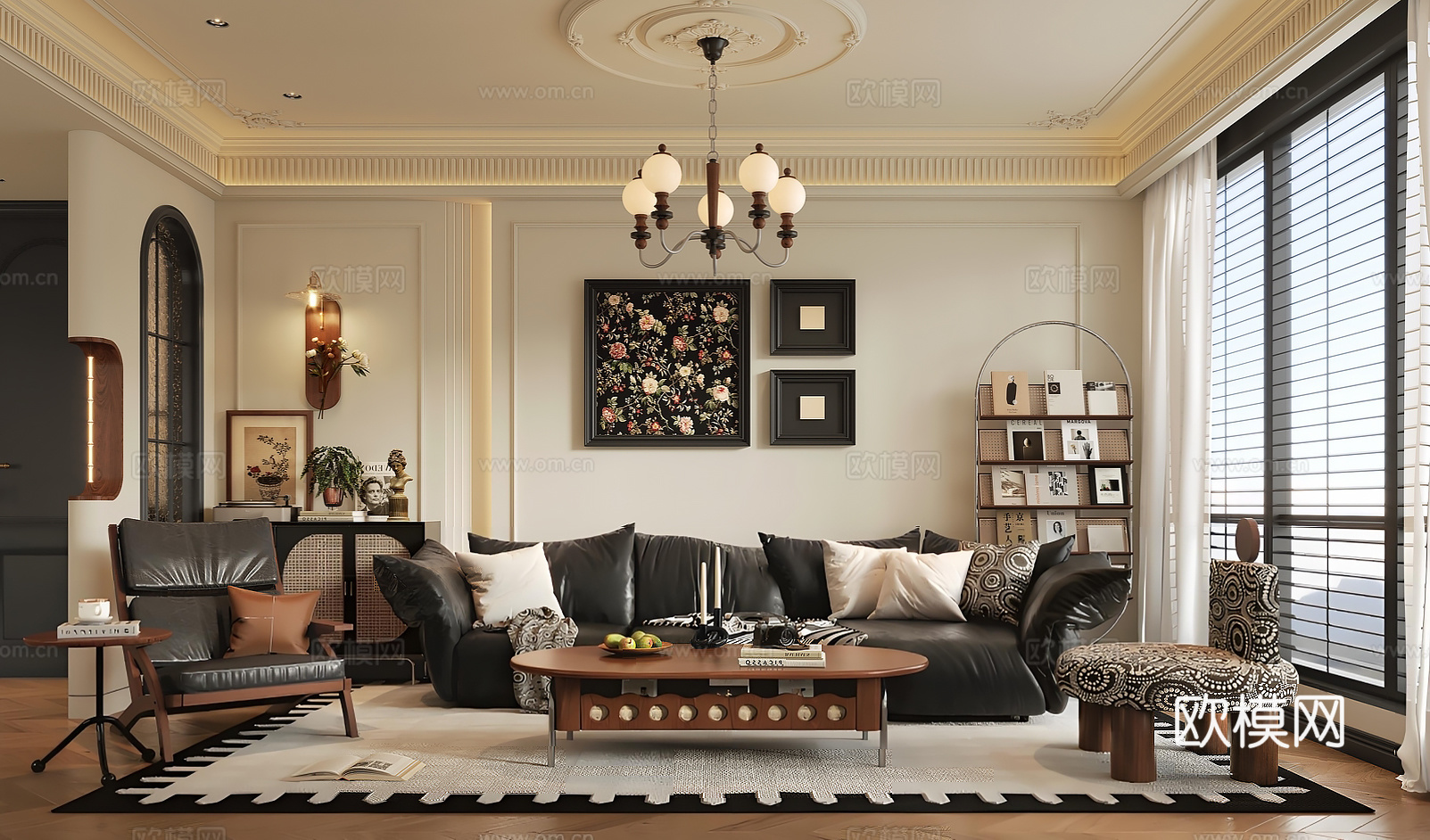 法式复古客厅背景 法式中古客厅沙发 法式复古沙发组合 法式复su模型
