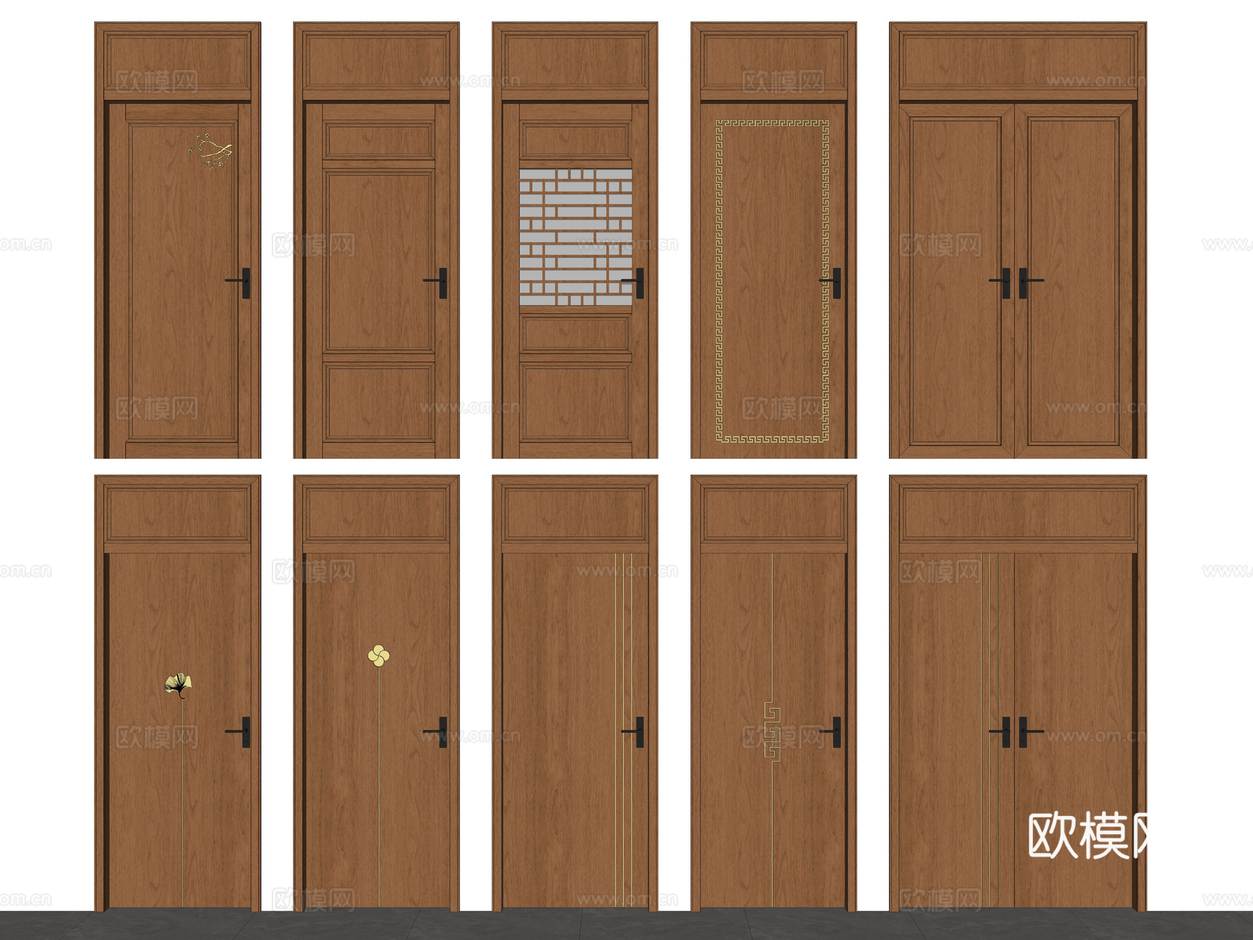 新中式入户大门 实木别墅双开门 玻璃双开门 别墅防盗门su模型