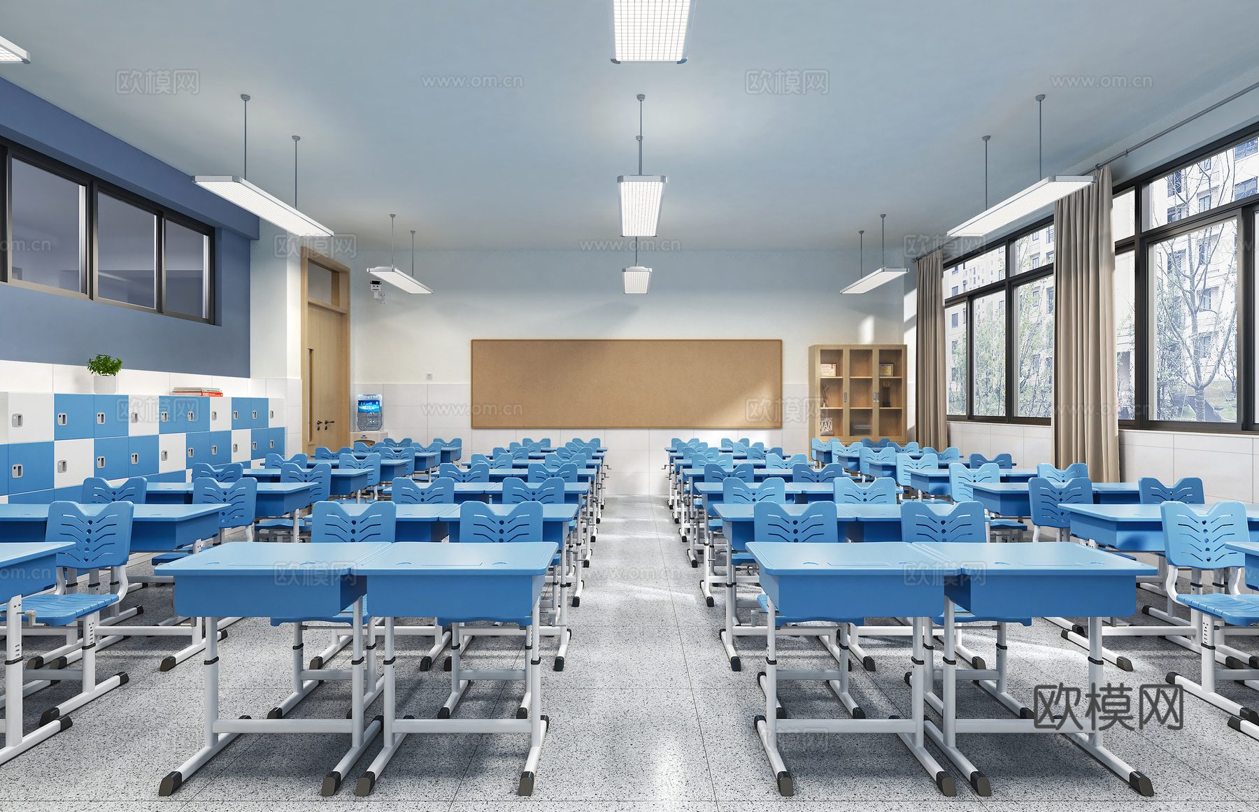 小学教室   小学课桌椅    储物柜  教室吊灯  课桌黑3d模型下载（渲染图2）