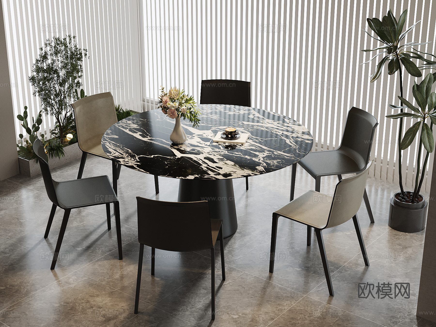 现代意式餐桌椅 圆桌su模型