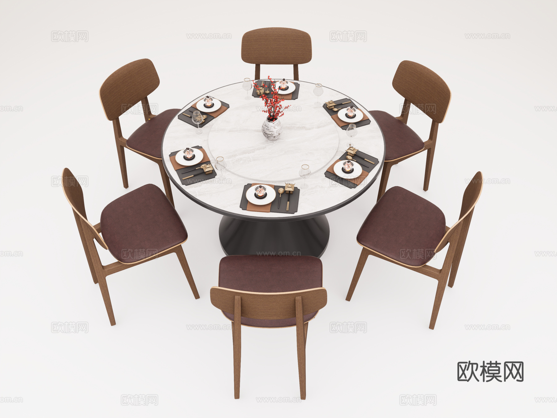 现代餐桌椅组合 圆形餐桌椅 多人餐桌椅 中古风餐桌椅su模型