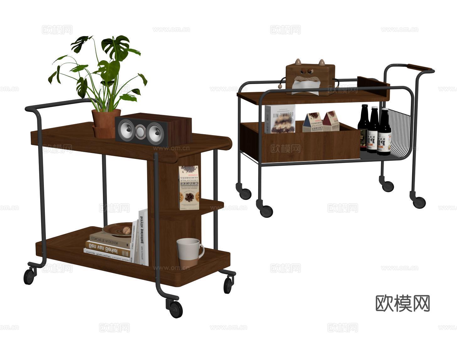 复古沙发边几 不锈钢移动边几 小推车边几 收纳边柜su模型