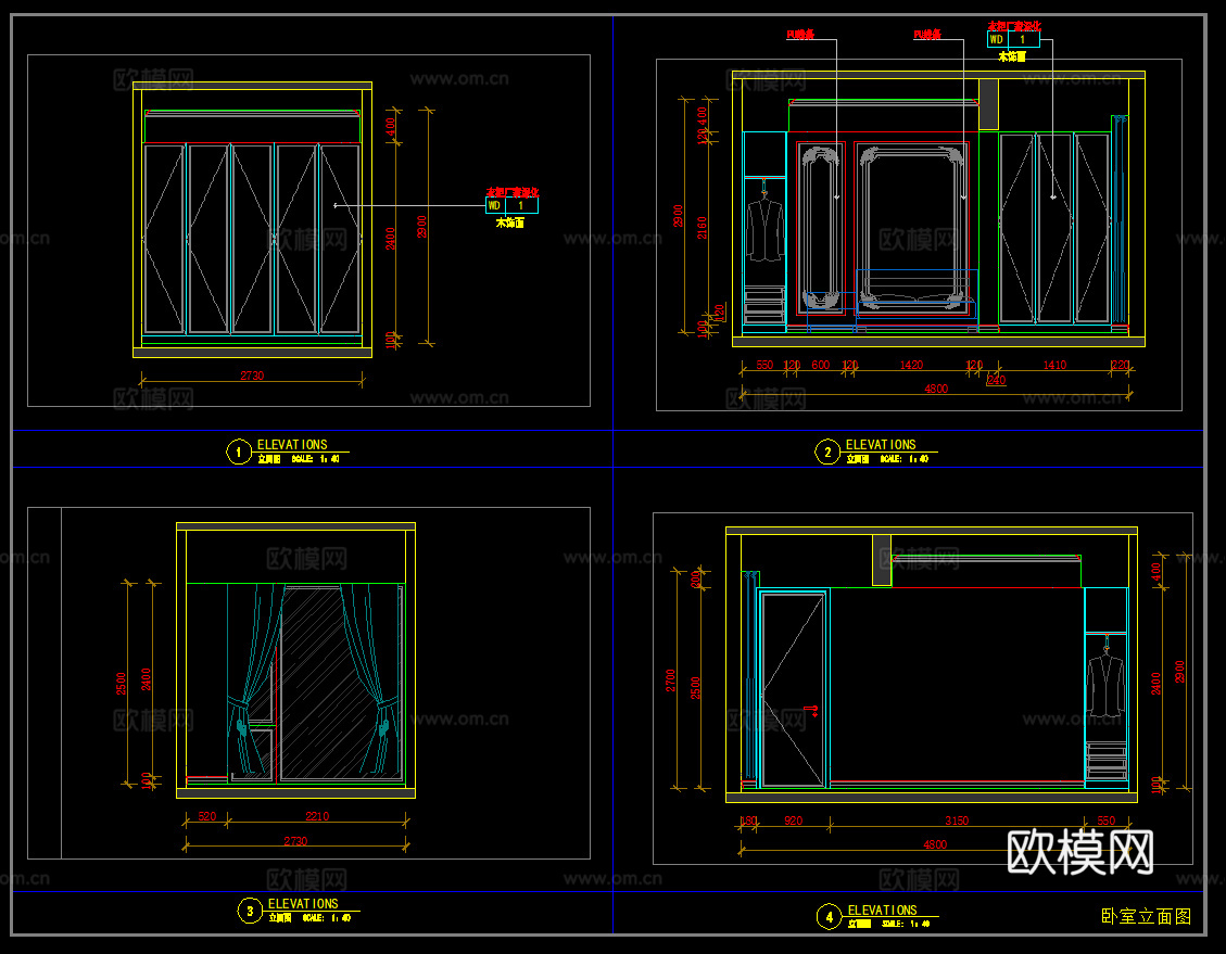 欧式卧室立面图 墙面布局图 墙面节点 立面图cad施工图