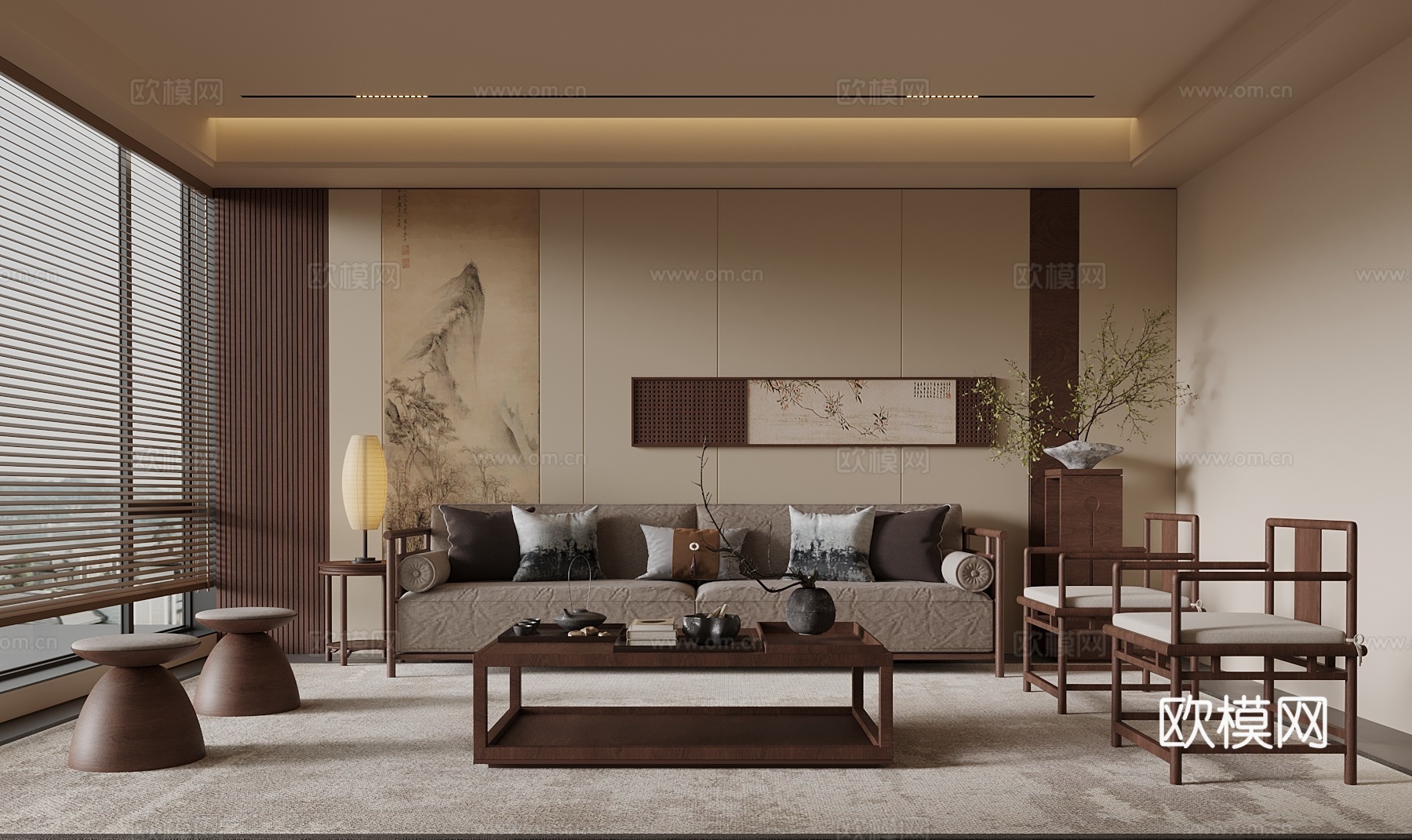 新中式客厅su模型