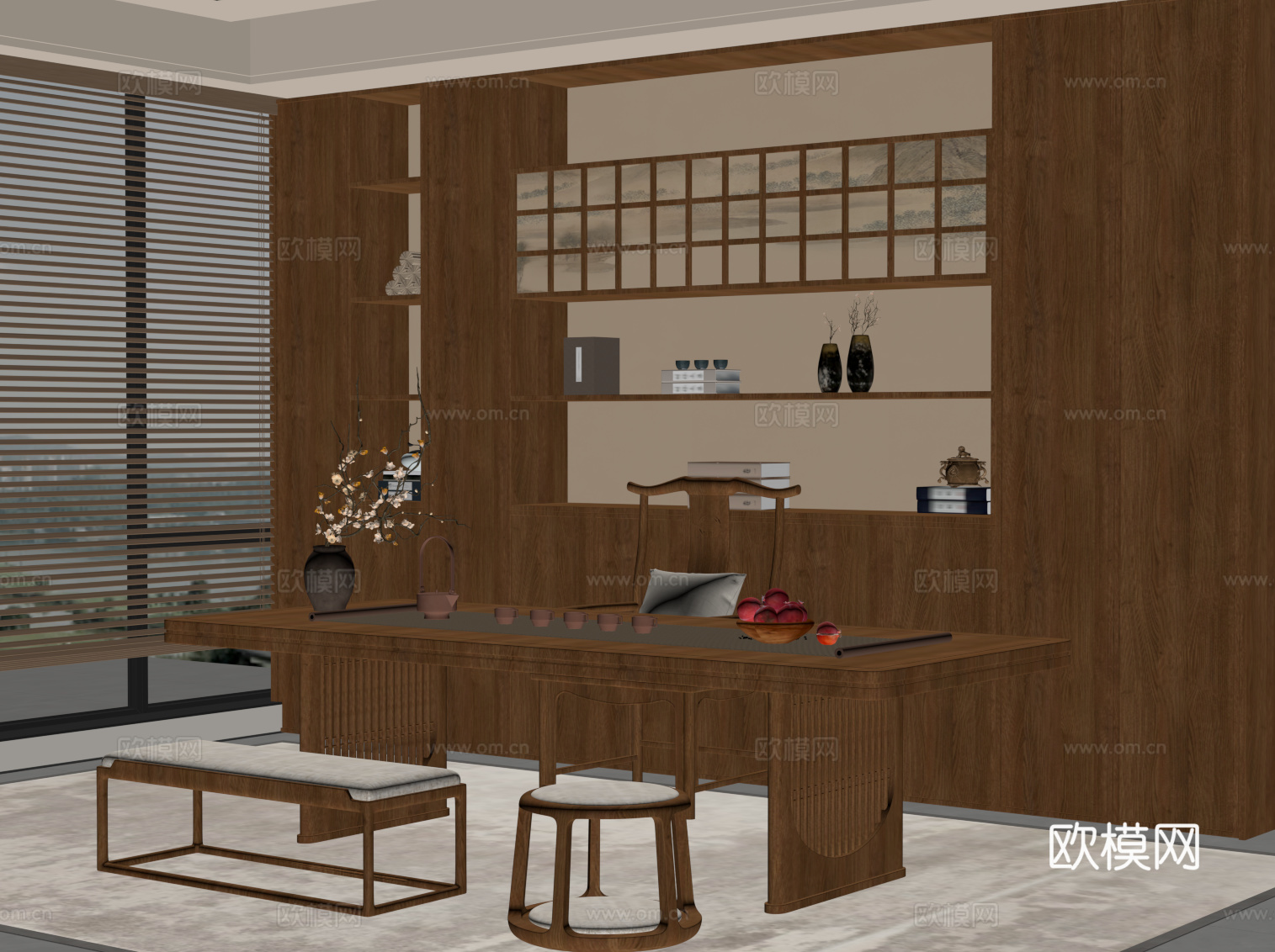 新中式茶室 茶桌椅 茶柜su模型