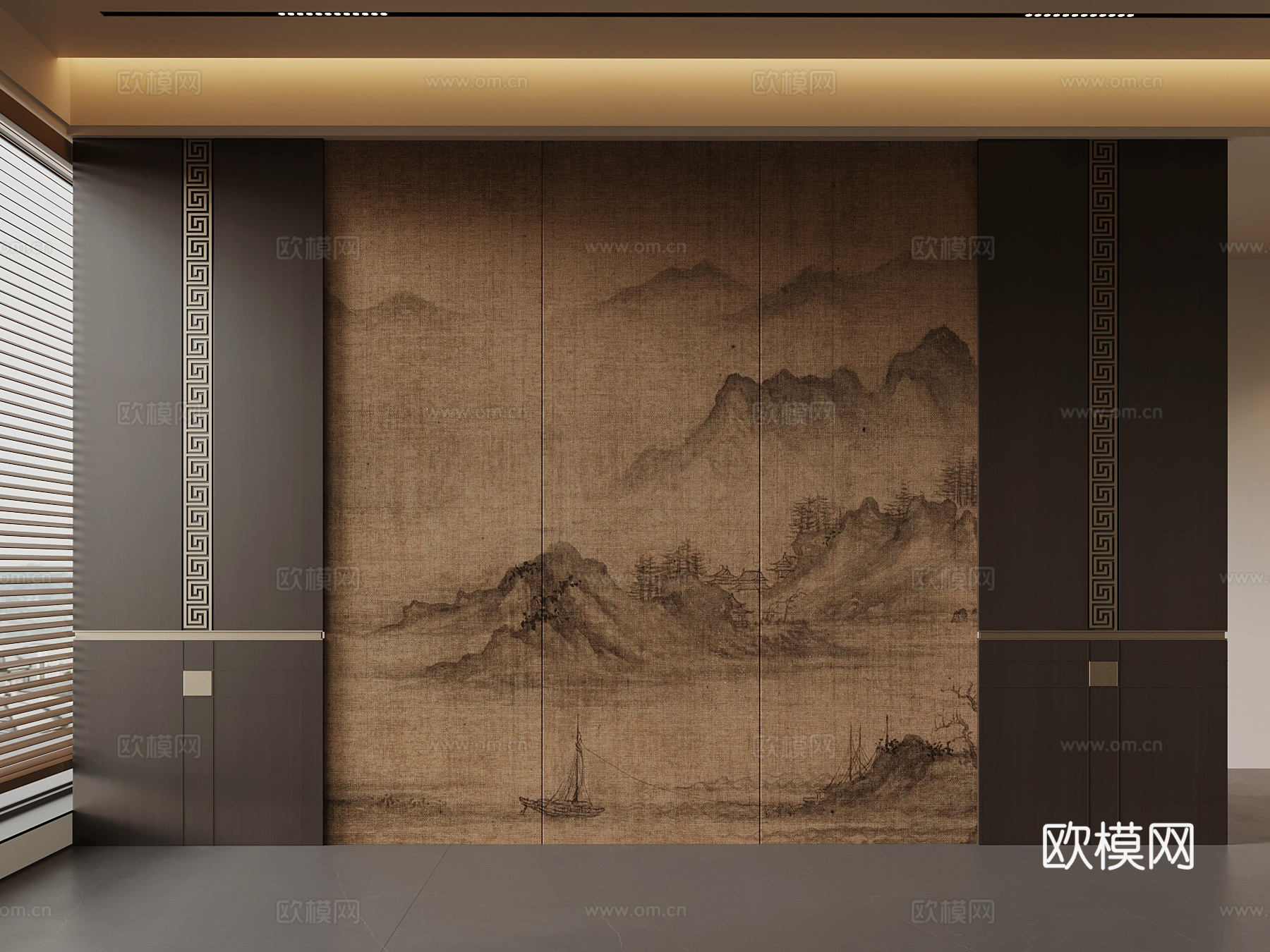 新中式背景墙su模型