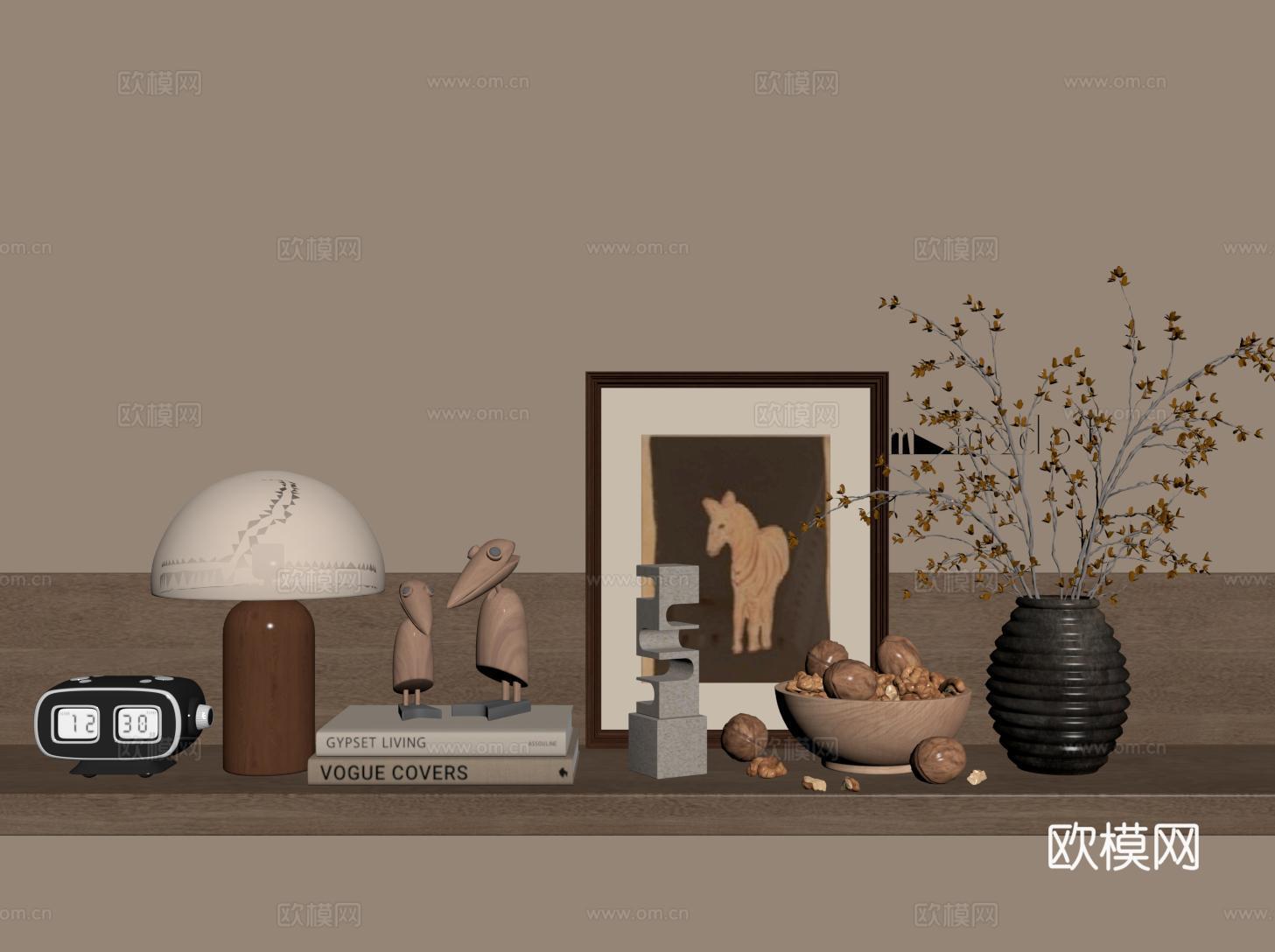中古装饰品摆件组合 花瓶花艺 书籍 装饰画 台灯su模型