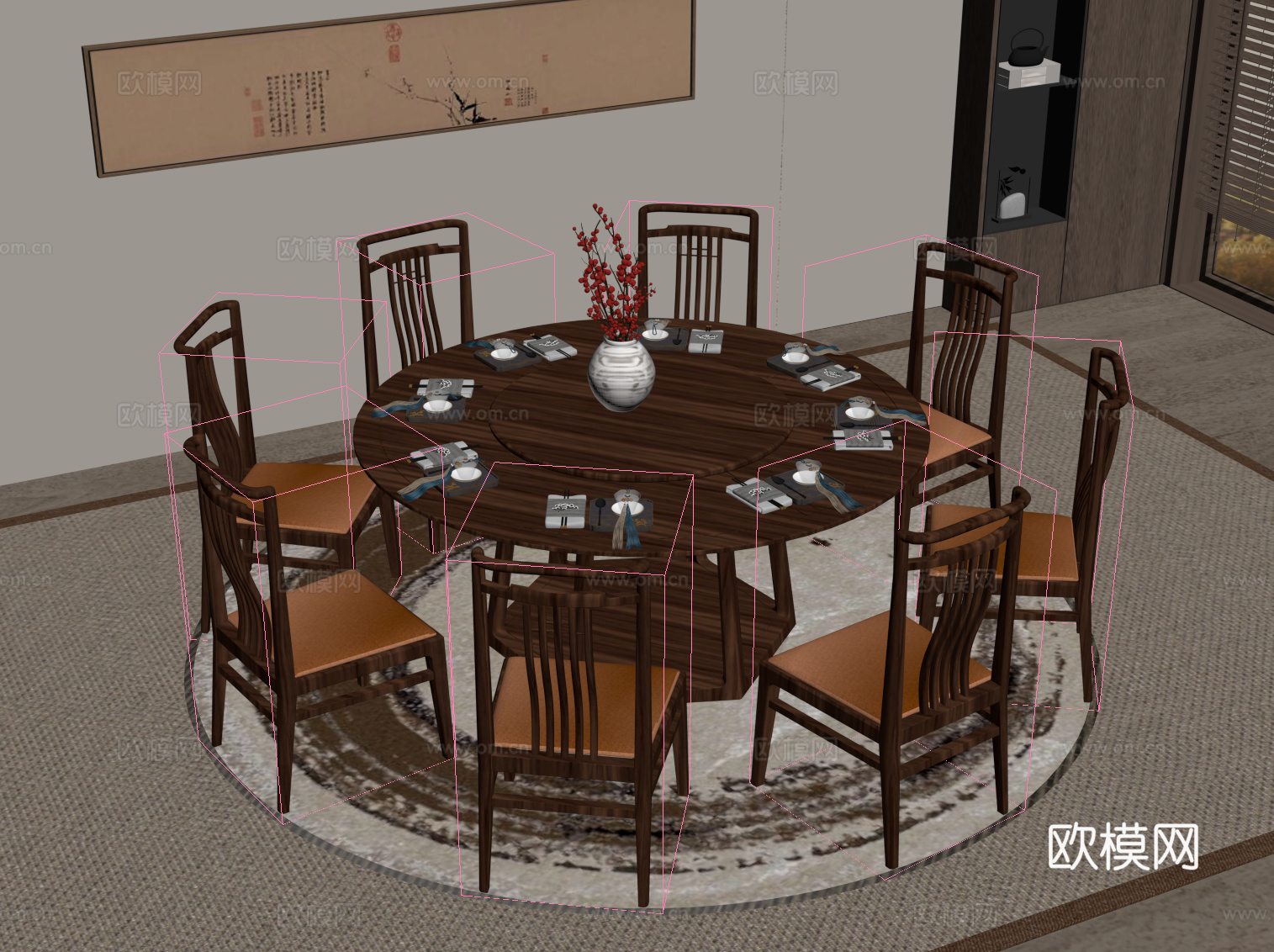 新中式餐桌椅su模型