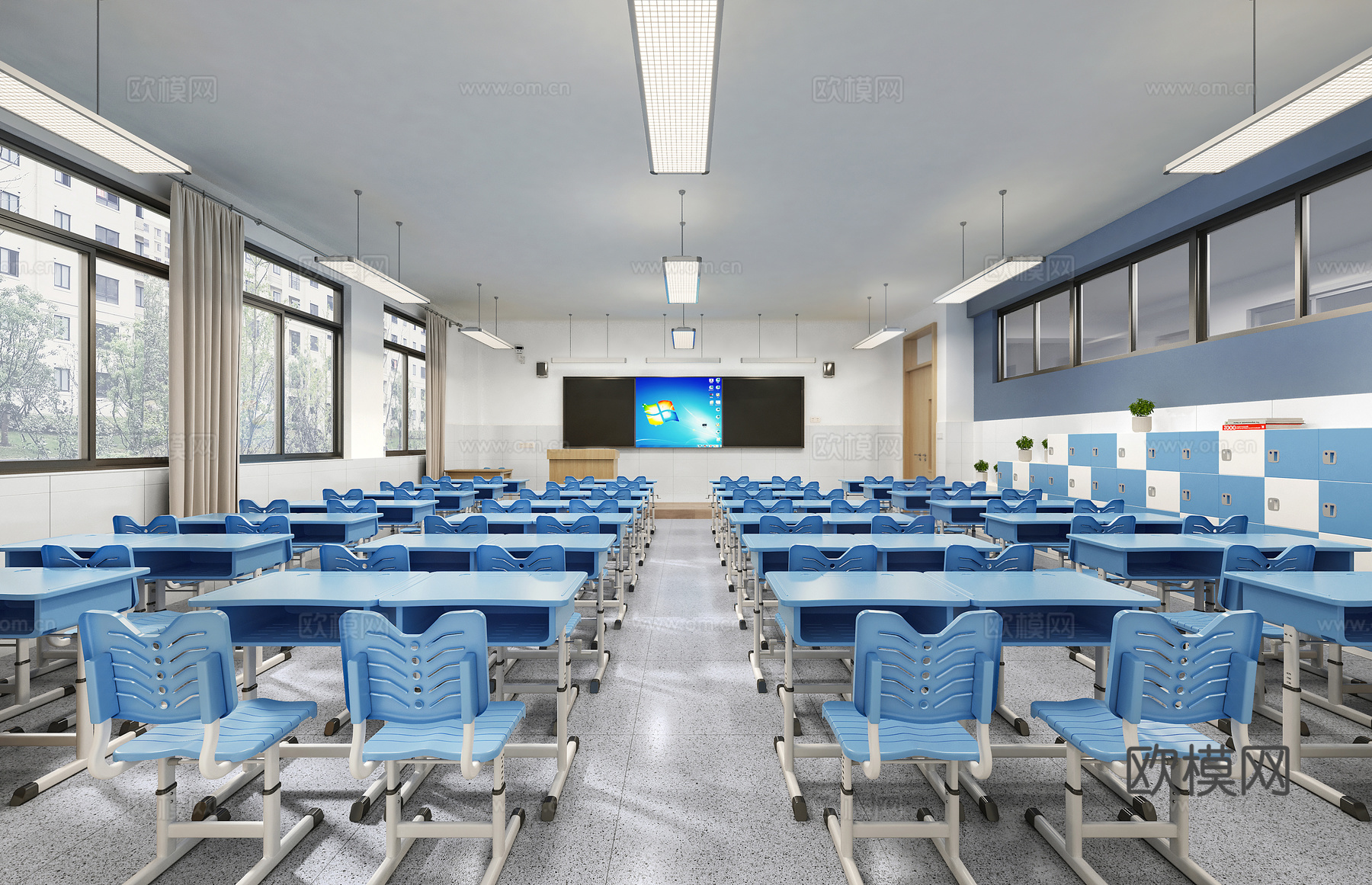 小学教室   小学课桌椅    储物柜  教室吊灯  课桌黑3d模型下载（渲染图1）