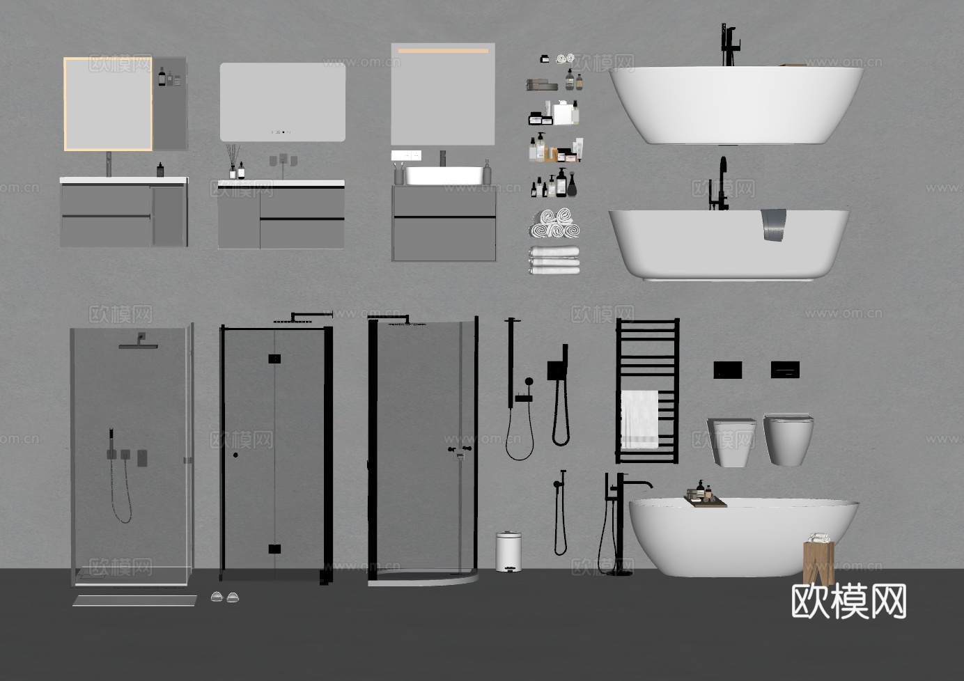 现代卫生间用品 卫浴柜 淋浴房 浴缸 马桶 毛巾架 洗漱用品su模型