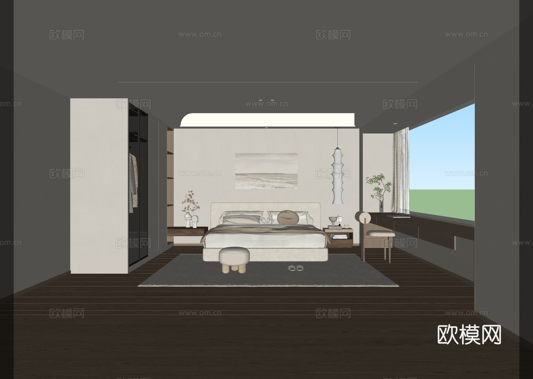 侘寂奶油家居卧室 布艺双人床su模型