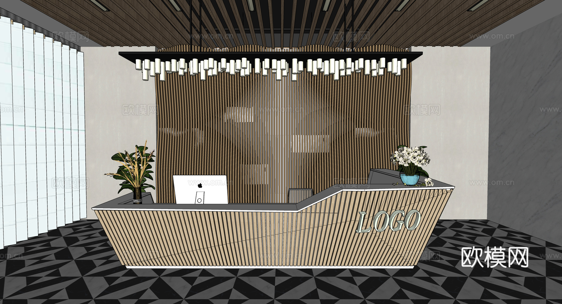 现代简约办公室前台接待台su模型