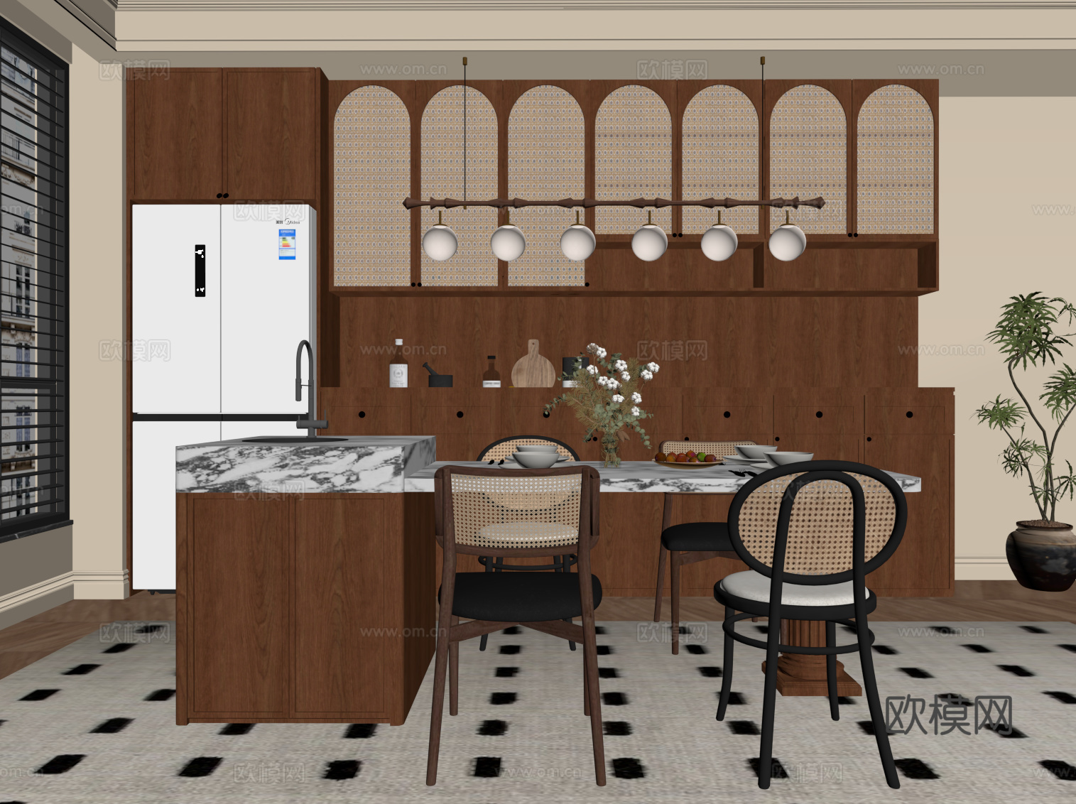中古风餐厅岛台su模型