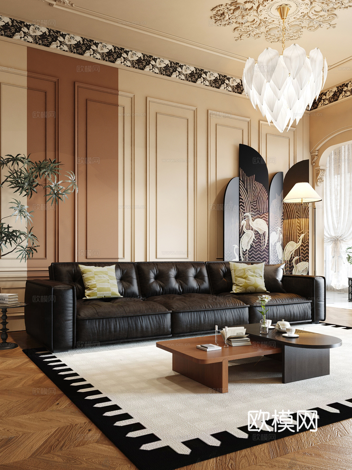 法式中古客厅沙发 复古奶油客厅茶几 法式南洋屏风隔断 黑色皮su模型