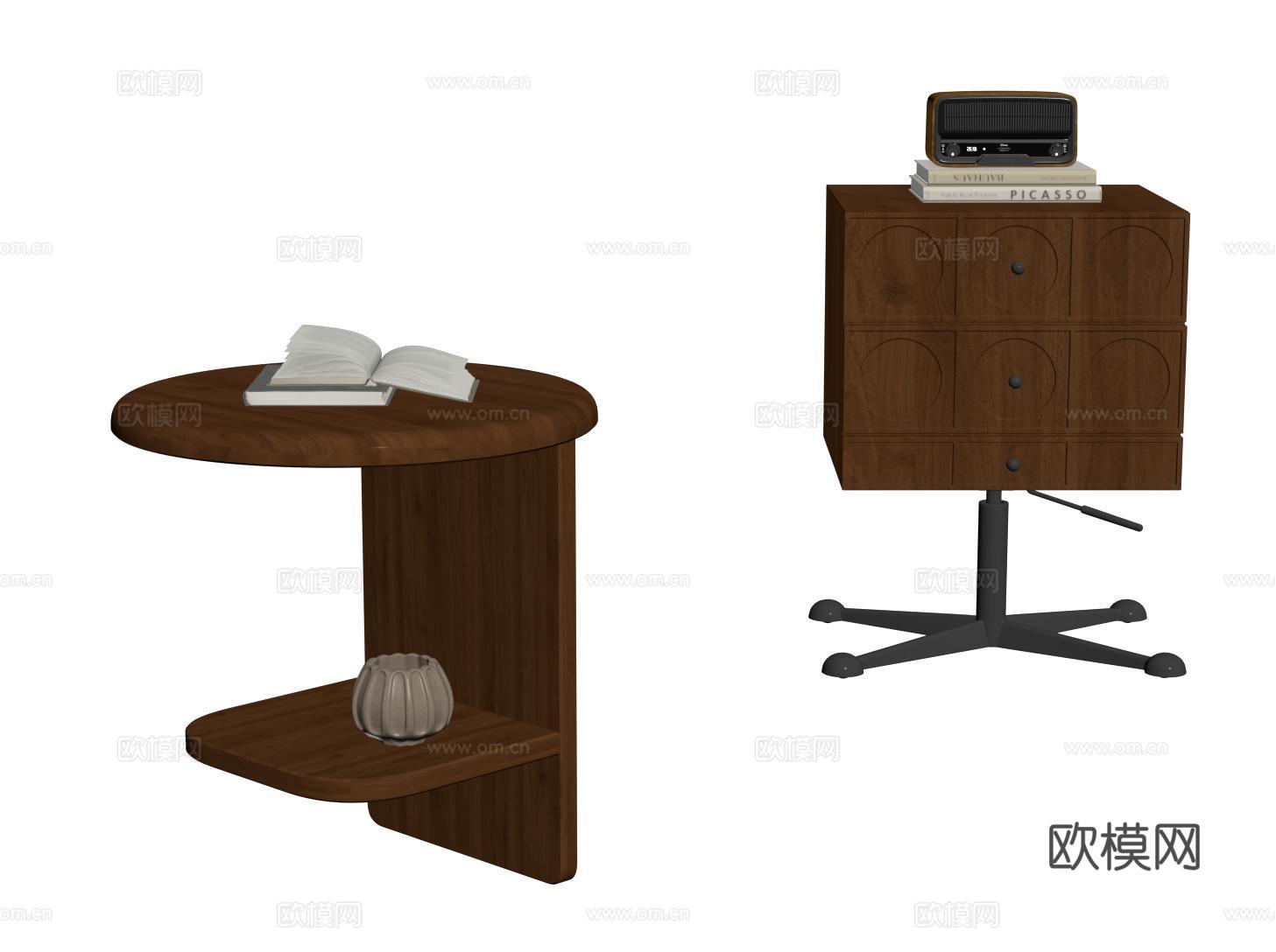 法式沙发边几 复古实木小边柜 小茶几 床头柜 升降旋转储物柜su模型