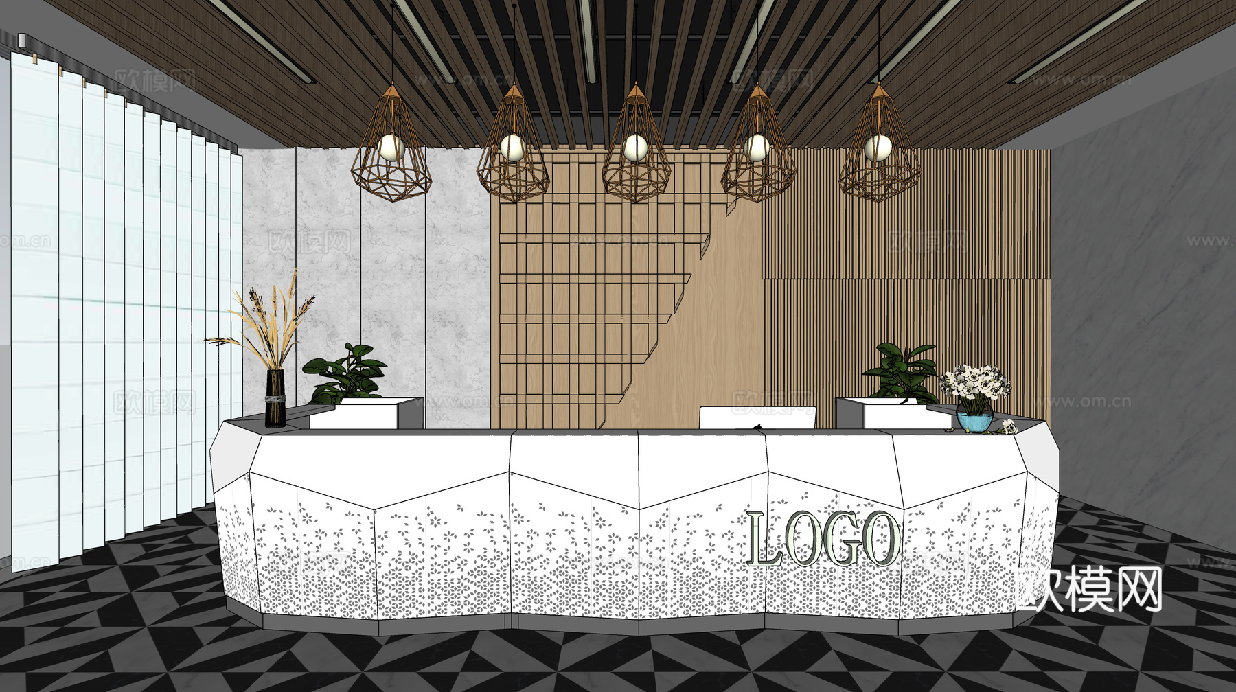现代简约办公室前台接待台su模型