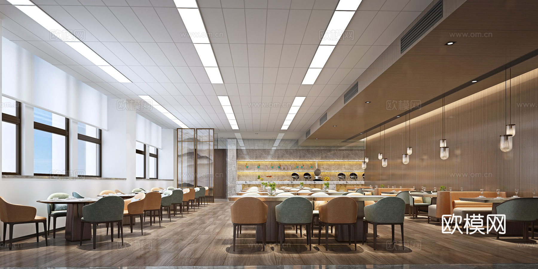 现代自助餐厅 卡座  餐桌椅  西餐厅 企业餐厅 隔断吊灯3d模型下载