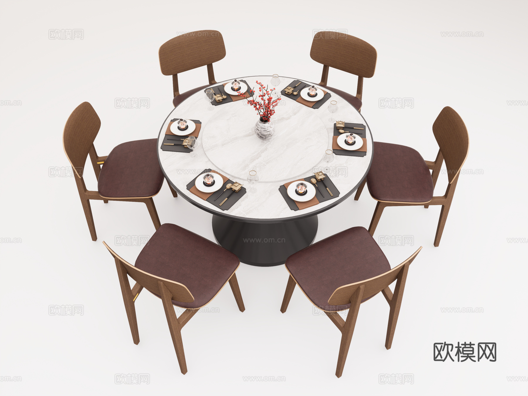 现代餐桌椅组合 圆形餐桌椅 多人餐桌椅 中古风餐桌椅su模型