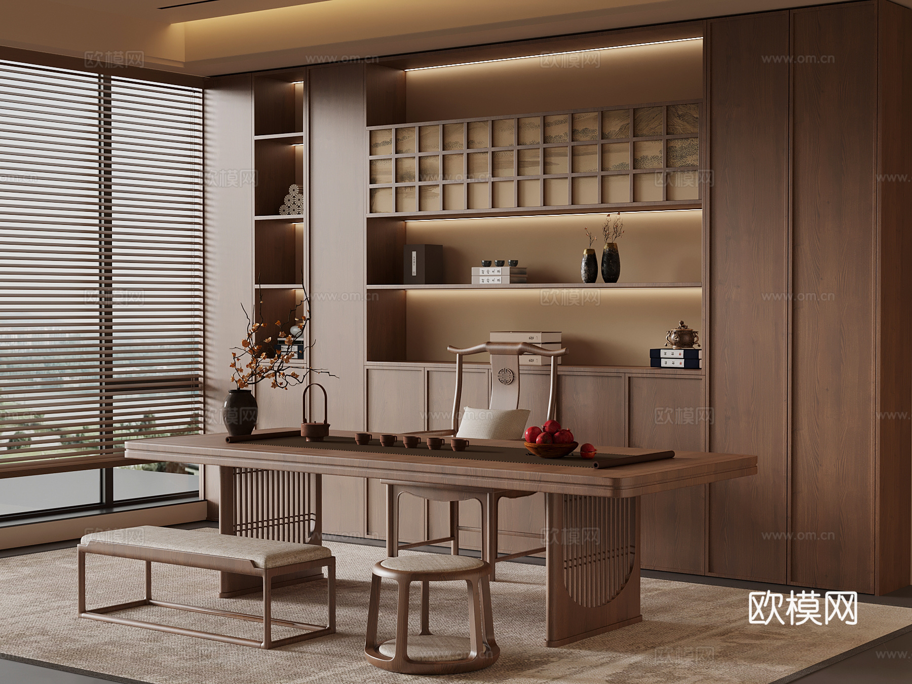 新中式茶室 茶桌椅 茶柜su模型