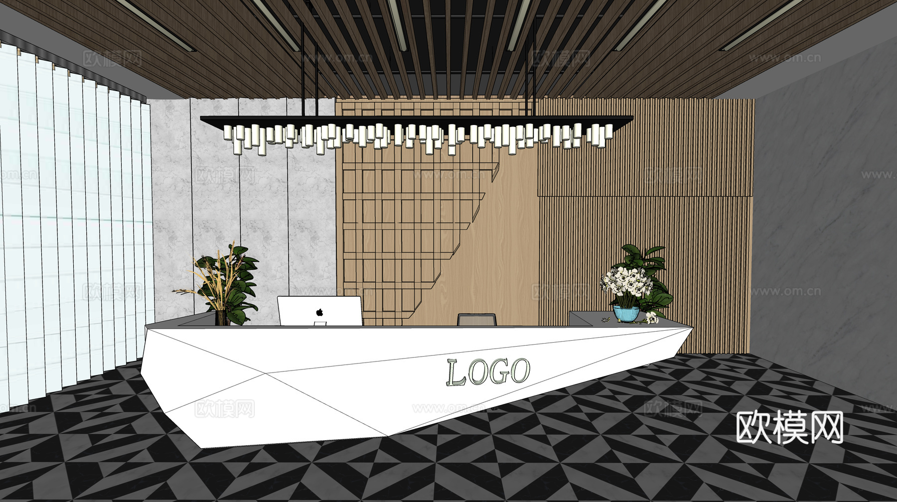 现代简约办公室前台接待台su模型