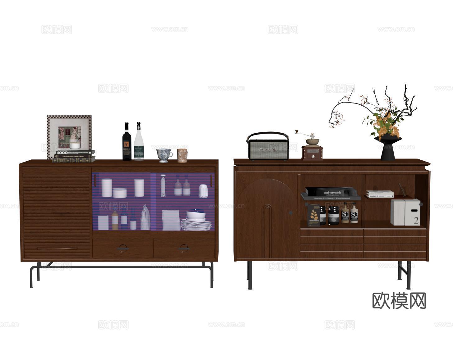 复古餐边柜 中古边柜su模型