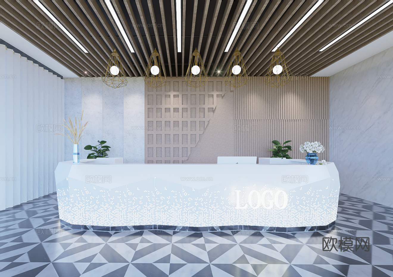 现代简约办公室前台接待台su模型