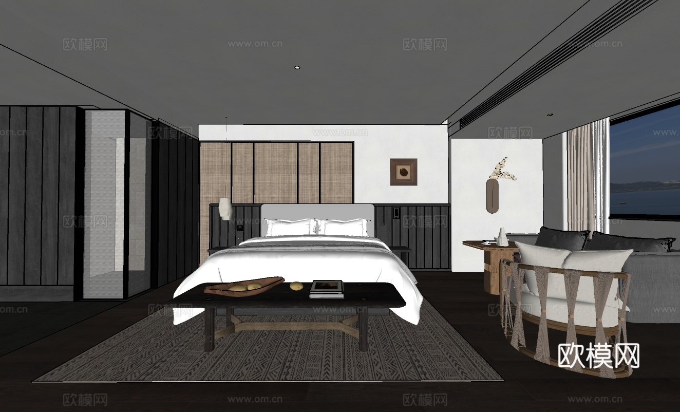 中古风酒店客房 卧室su模型su模型