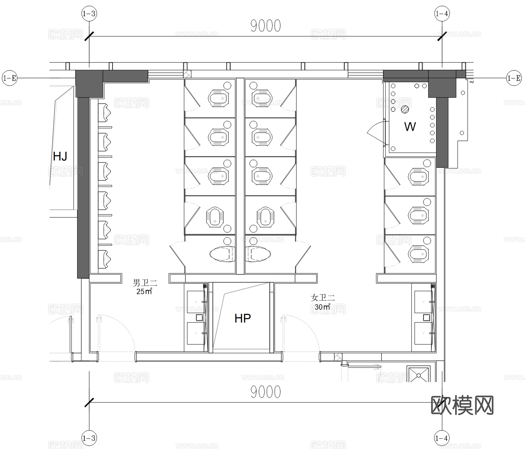 工装公共卫生间施工图，办公室卫生间，办公楼卫生间，商场卫生间cad施工图