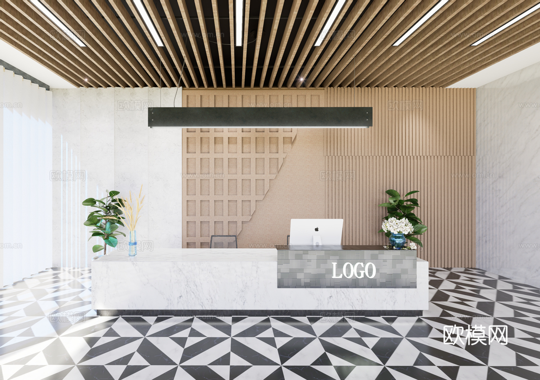 现代简约办公室前台接待台su模型